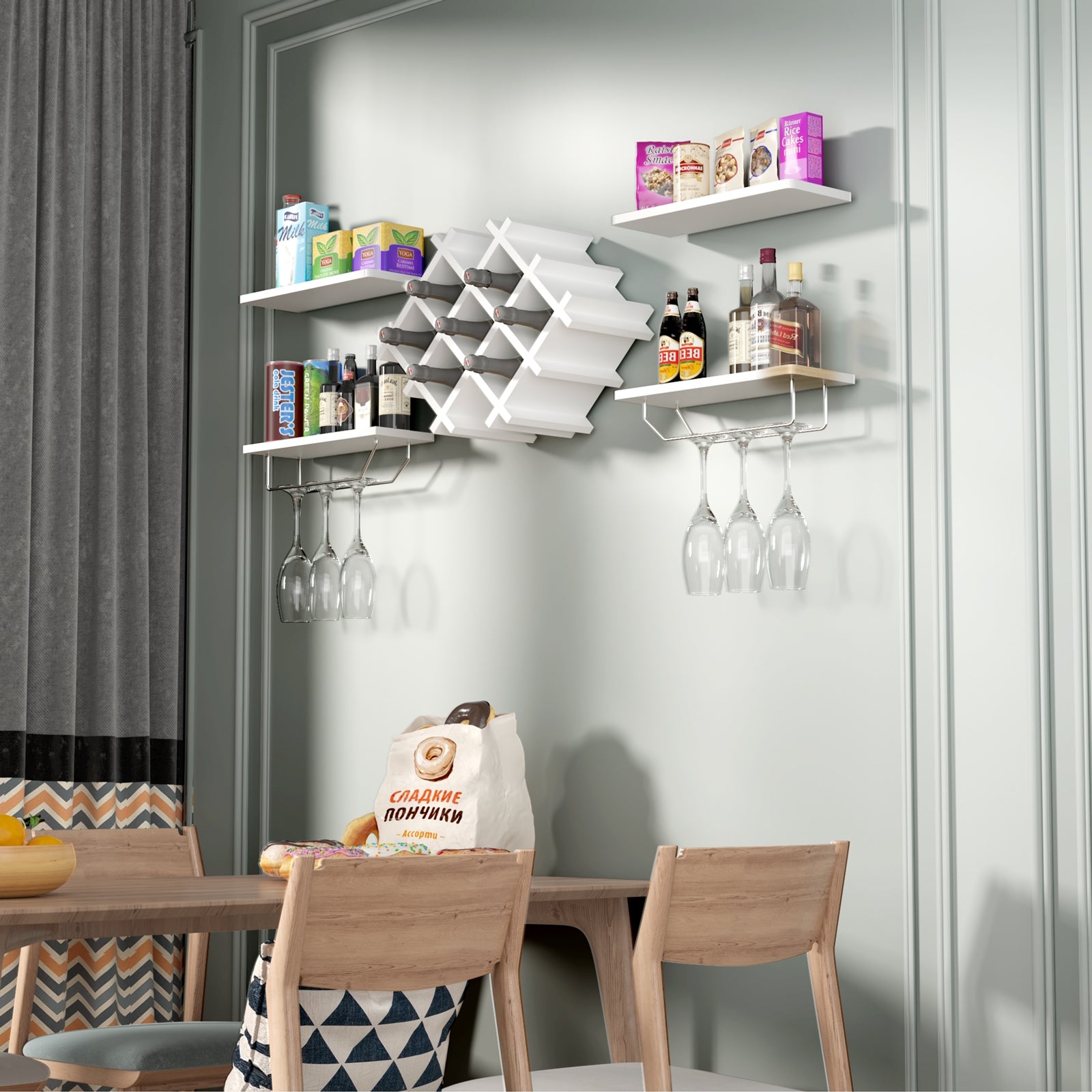 Set of 5 Wall Mount Wine Rack Set w/ Storage Shelves-WhiteÂ