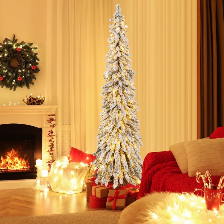 6 Feet Pre-Lit Artificial Christmas Tree Snow-Flocked Slim Pencil Xmas Decor