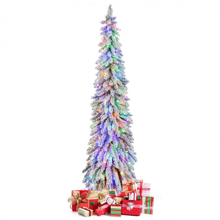 6 Feet Pre-Lit Artificial Christmas Tree Snow-Flocked Slim Pencil Xmas Decor