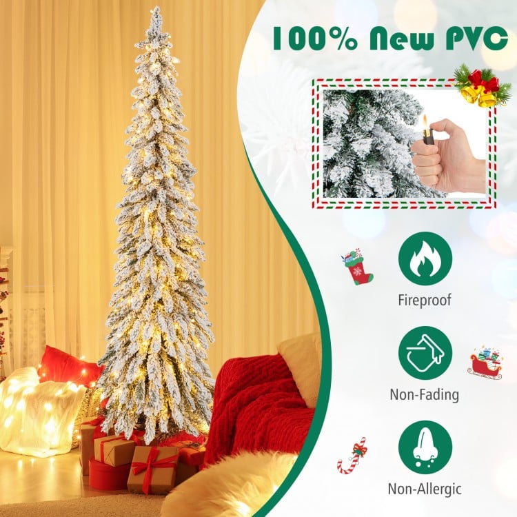 6 Feet Pre-Lit Artificial Christmas Tree Snow-Flocked Slim Pencil Xmas Decor