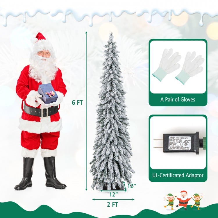 6 Feet Pre-Lit Artificial Christmas Tree Snow-Flocked Slim Pencil Xmas Decor