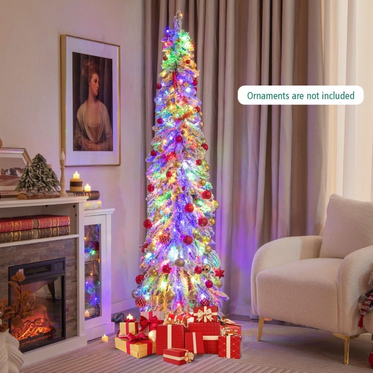 6 Feet Pre-Lit Artificial Christmas Tree Snow-Flocked Slim Pencil Xmas Decor