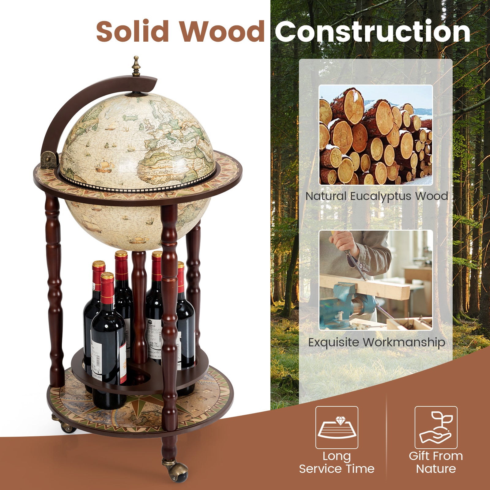 17 Inch Italian Style Design Wooden Globe Liquor Bottle Wine Rack with WheelsÂ