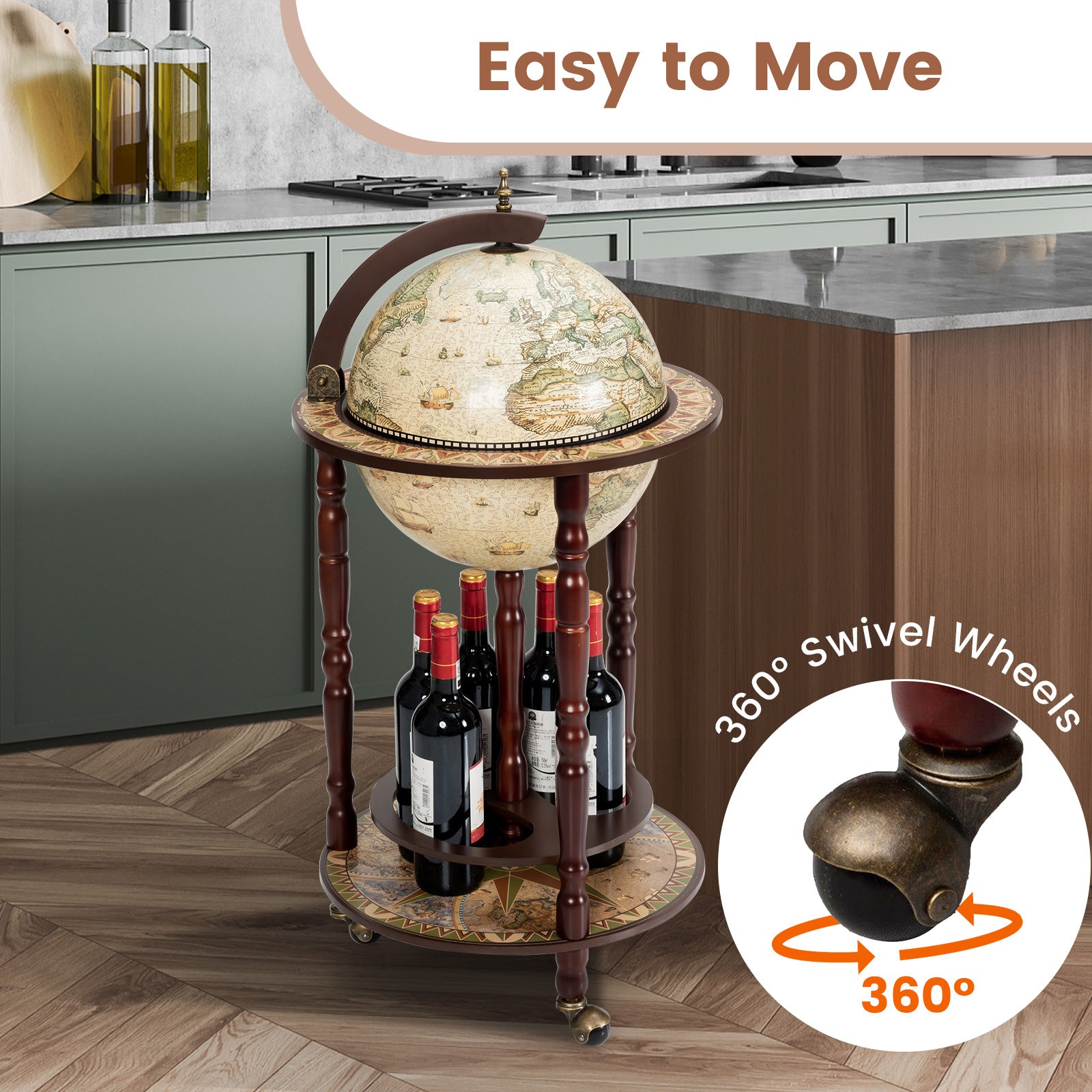 17 Inch Italian Style Design Wooden Globe Liquor Bottle Wine Rack with WheelsÂ