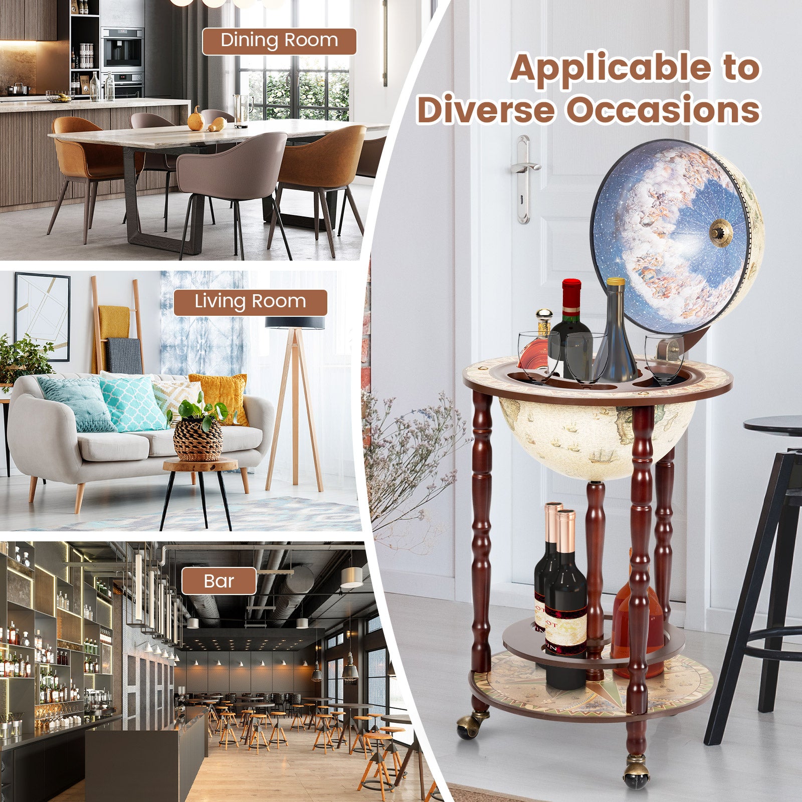 17 Inch Italian Style Design Wooden Globe Liquor Bottle Wine Rack with WheelsÂ