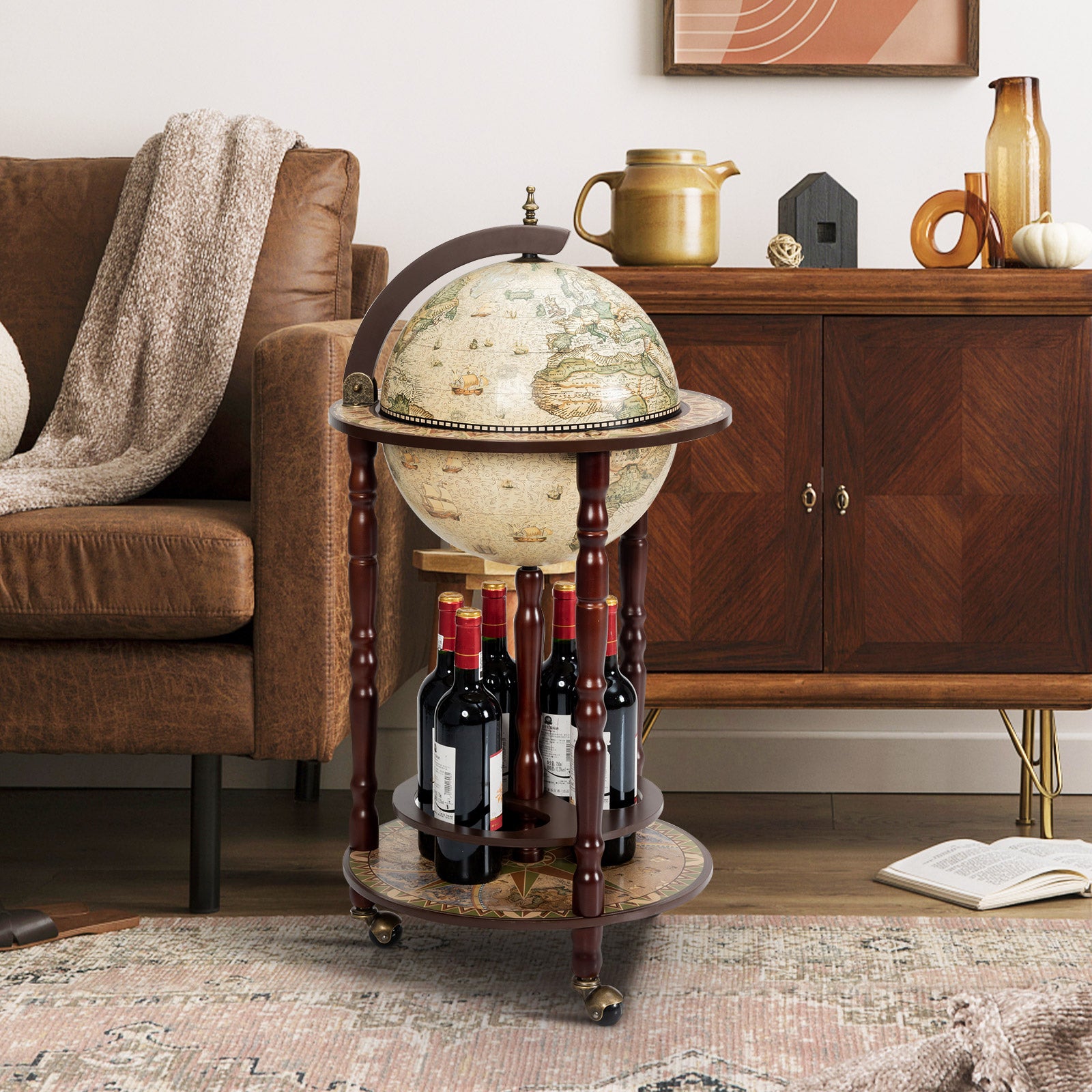 17 Inch Italian Style Design Wooden Globe Liquor Bottle Wine Rack with WheelsÂ