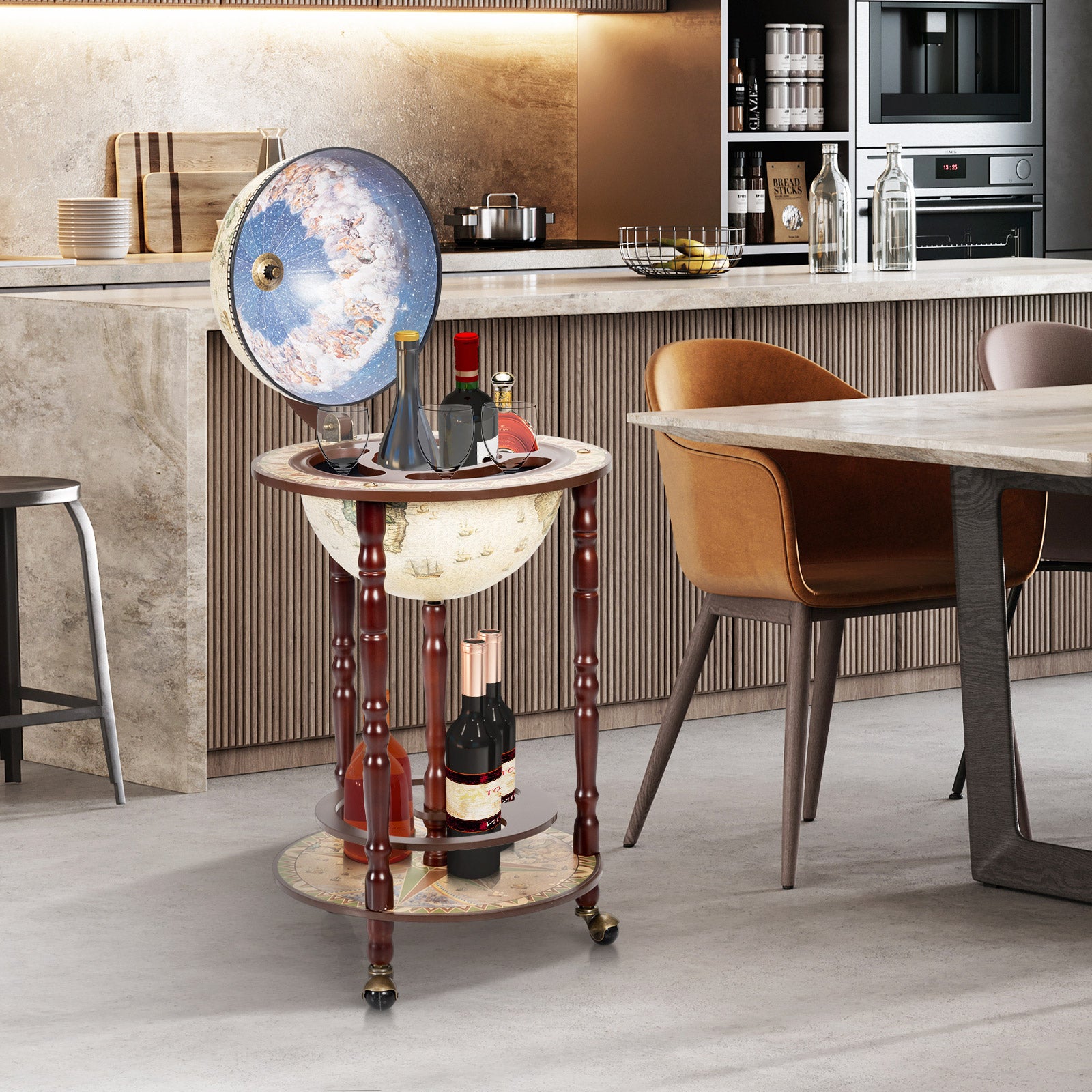 17 Inch Italian Style Design Wooden Globe Liquor Bottle Wine Rack with WheelsÂ