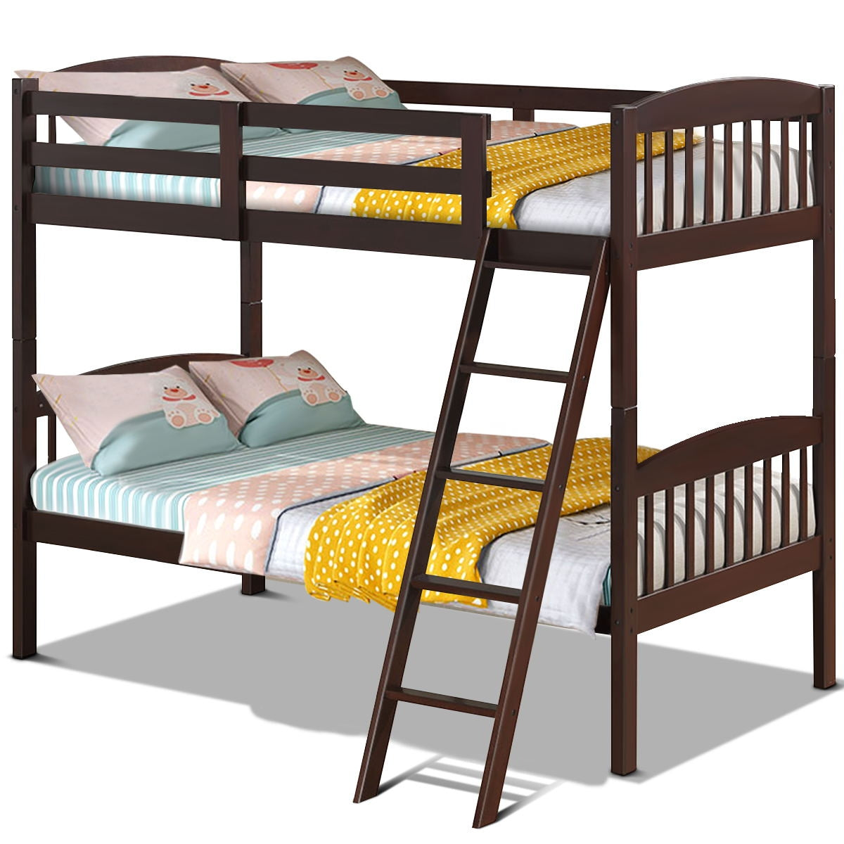 Solid Wood Twin Bunk Beds with Detachable Ladder-CoffeeÂ