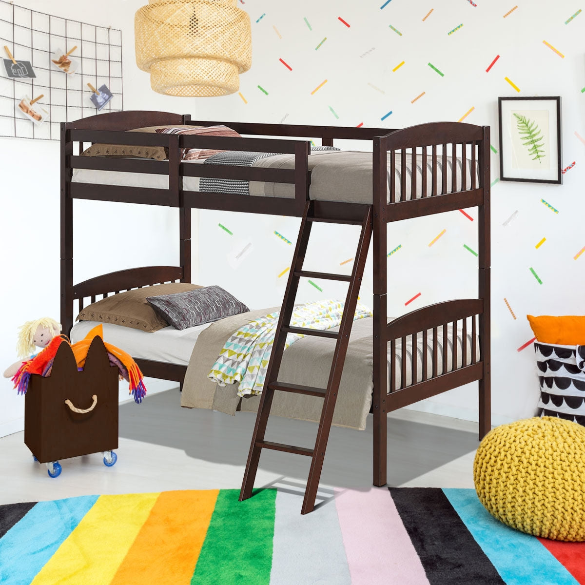 Solid Wood Twin Bunk Beds with Detachable Ladder-CoffeeÂ