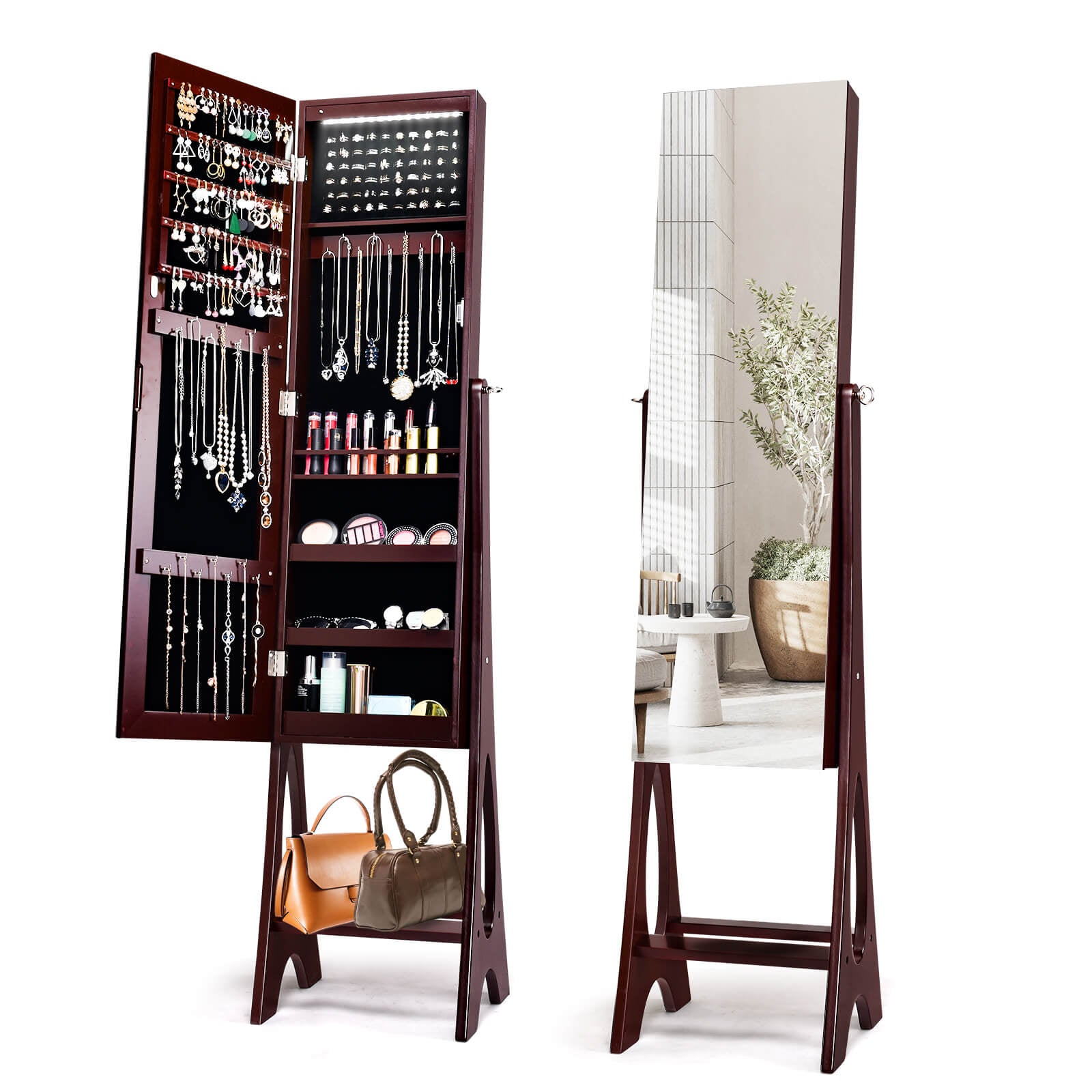 Standing Mirror Jewelry Cabinet-BrownÂ