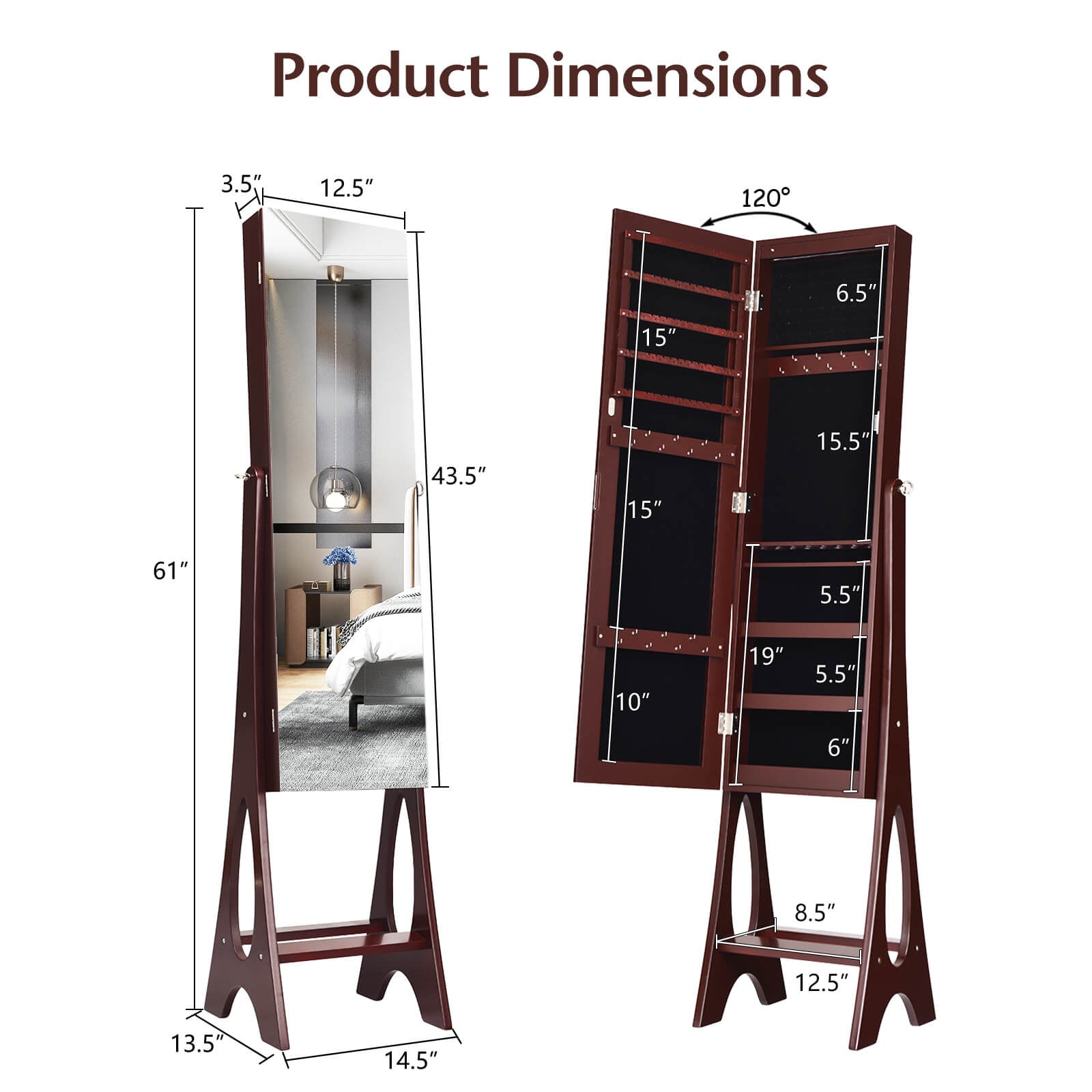 Standing Mirror Jewelry Cabinet-BrownÂ