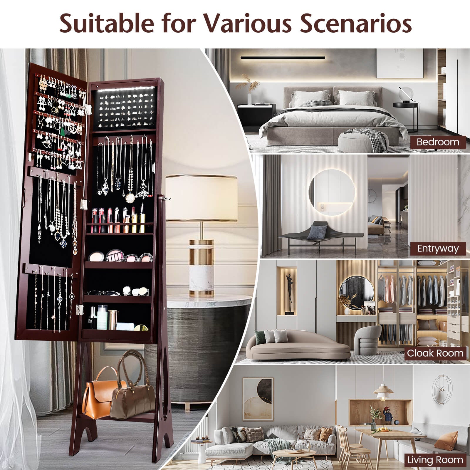 Standing Mirror Jewelry Cabinet-BrownÂ