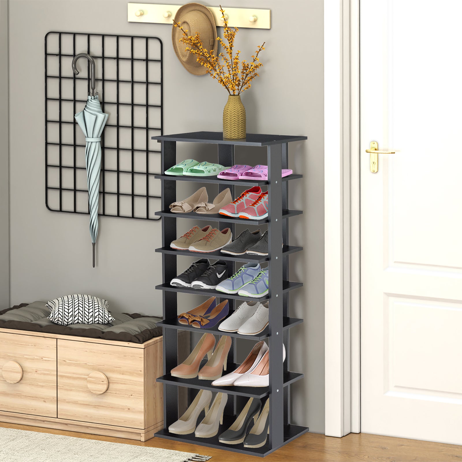 7-Tier Dual 14 Pair Shoe Rack Free Standing Concise Shelves Storage-BlackÂ