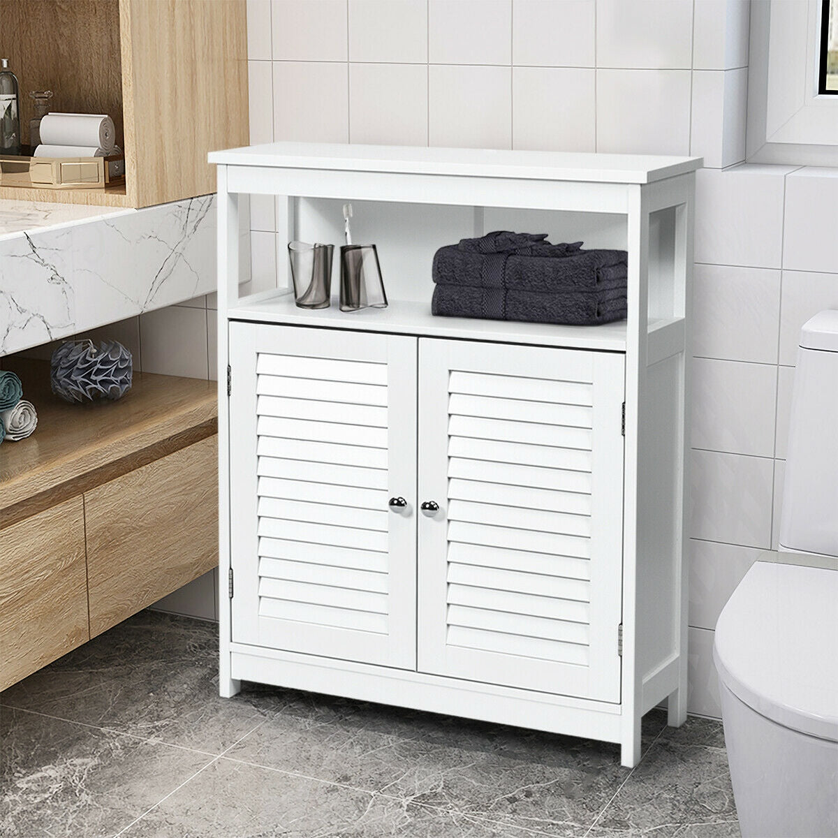 Wood Freestanding Bathroom Storage Cabinet with Double Shutter Door-WhiteÂ