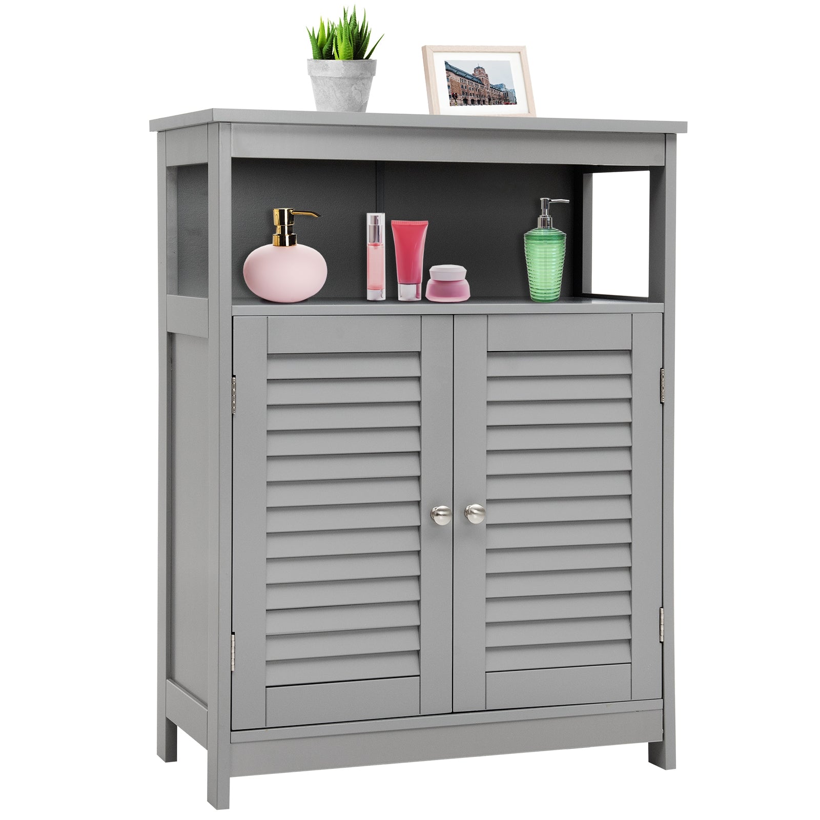 Wood Freestanding Bathroom Storage Cabinet with Double Shutter Door-GrayÂ