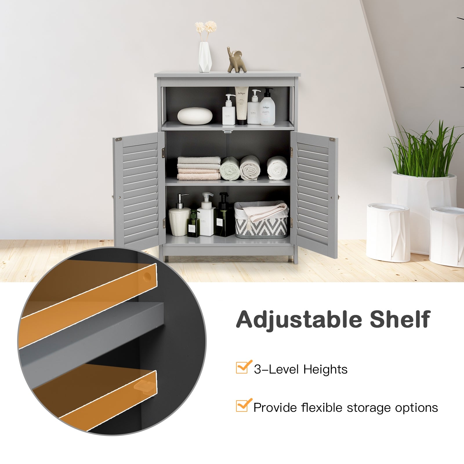 Wood Freestanding Bathroom Storage Cabinet with Double Shutter Door-GrayÂ