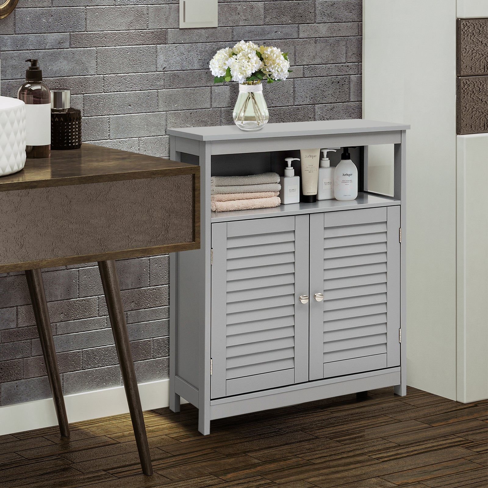 Wood Freestanding Bathroom Storage Cabinet with Double Shutter Door-GrayÂ