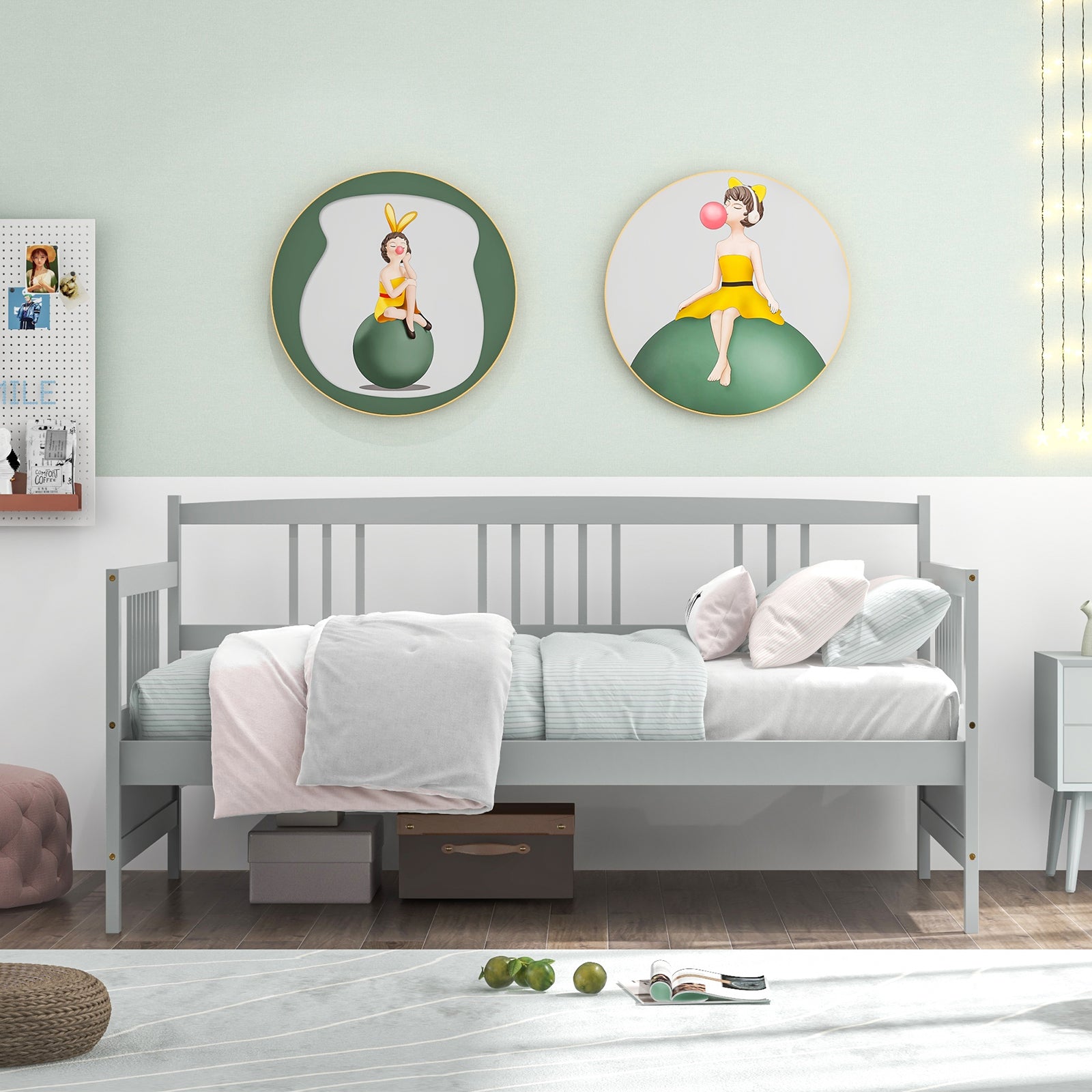 Twin Size Wooden Slats Daybed Bed with Rails-GrayÂ