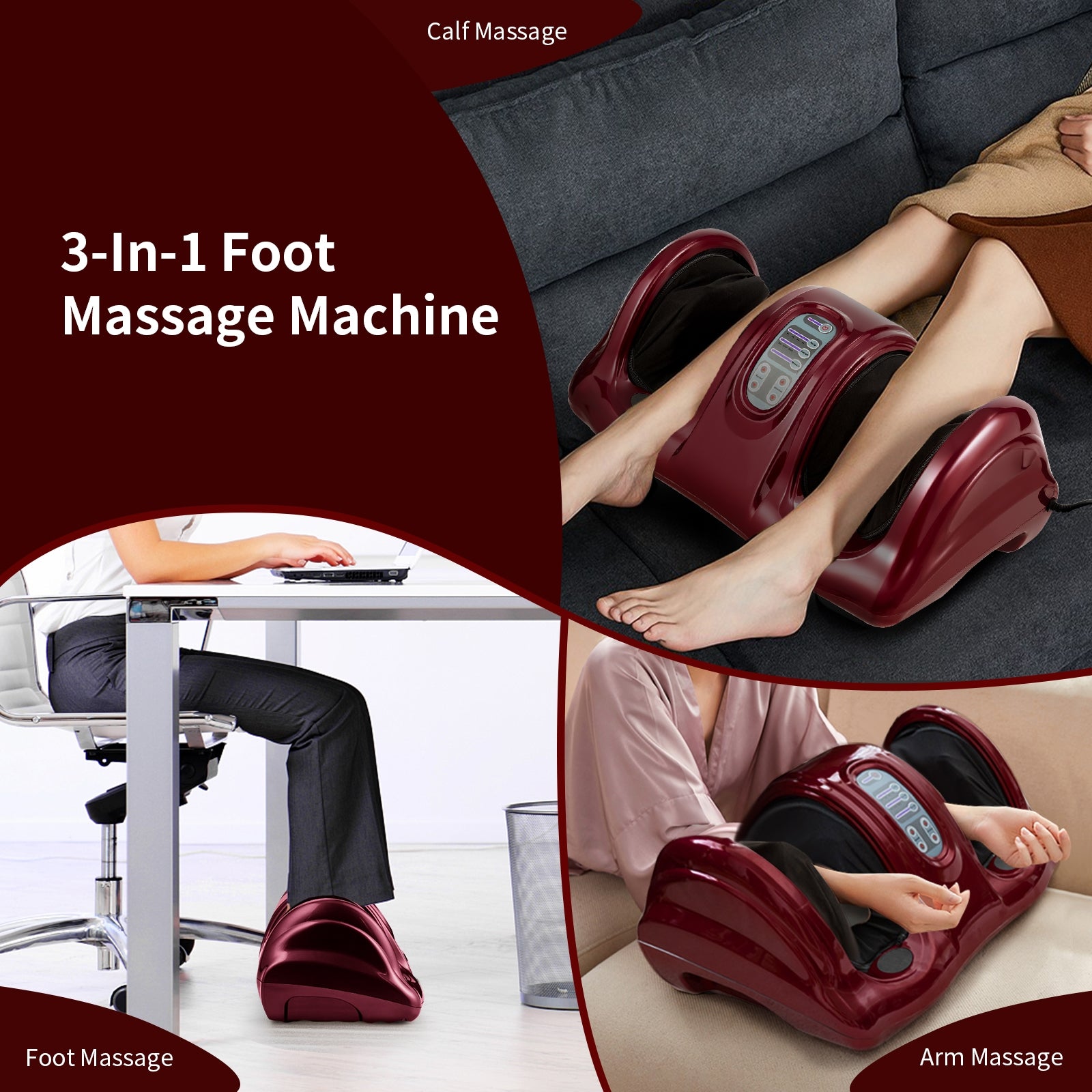 Therapeutic Shiatsu Foot Massager with High Intensity Rollers-Dark RedÂ
