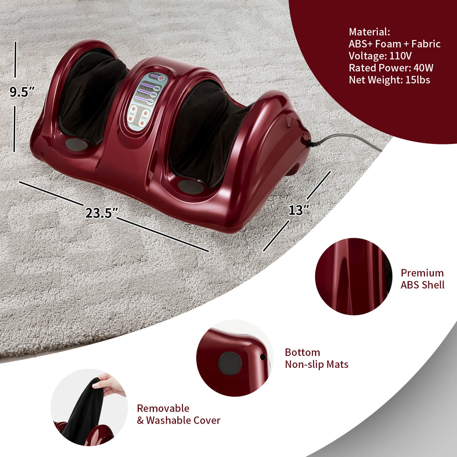 Therapeutic Shiatsu Foot Massager with High Intensity Rollers-Dark RedÂ