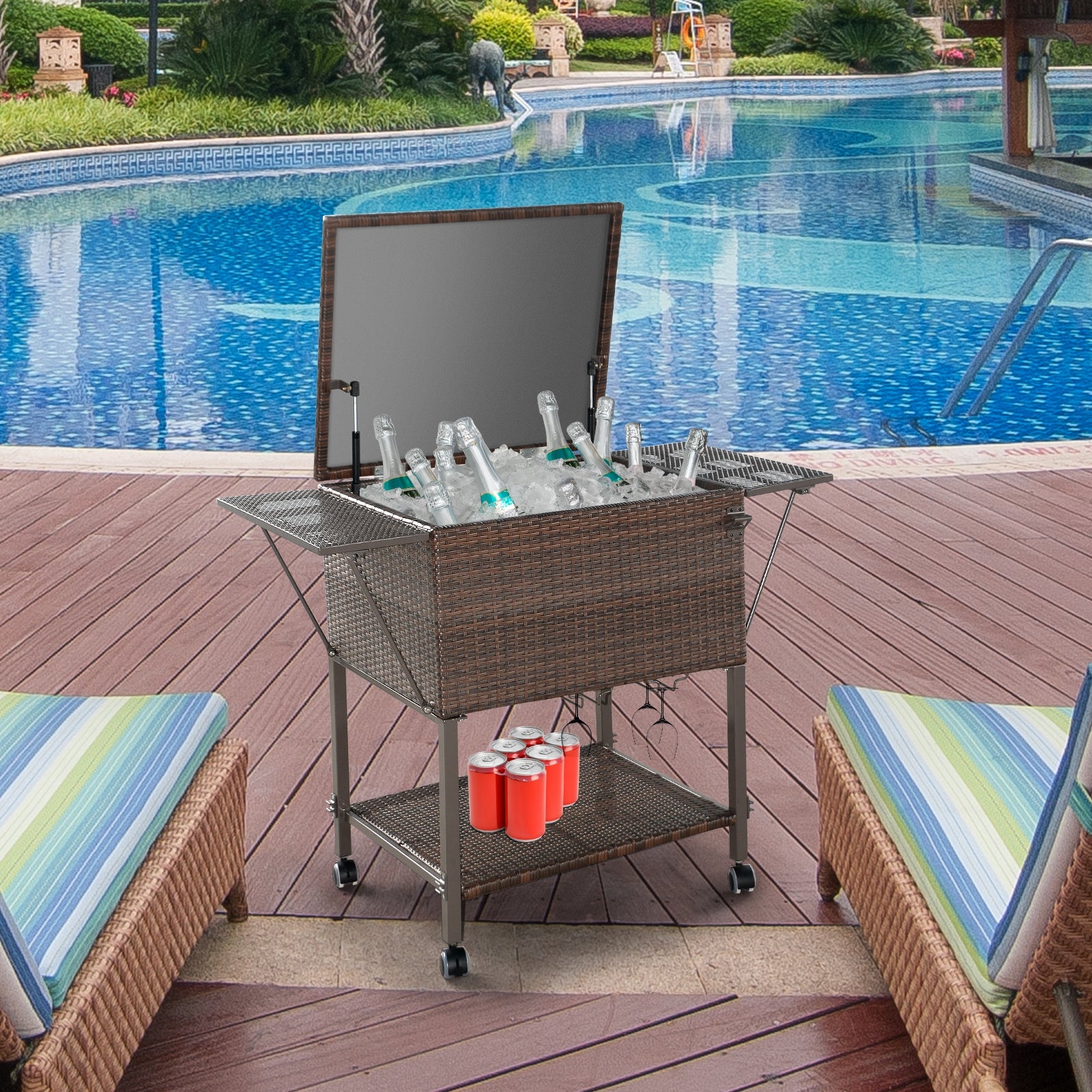 108 Qt Outdoor Portable Rattan Cooler Cart TrolleyÂ