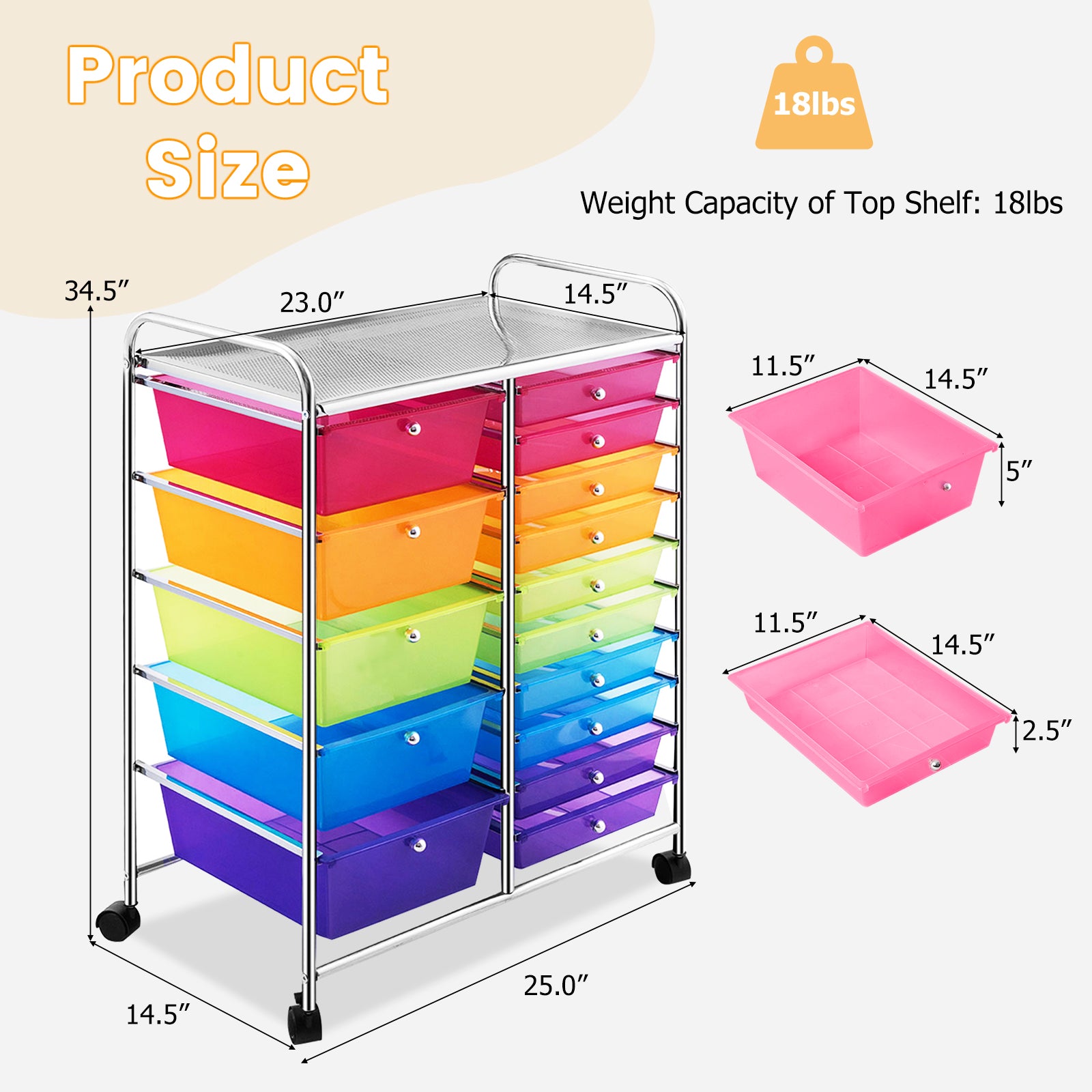 15 Drawers Rolling Storage Cart Organizer-Transparent MulticolorÂ