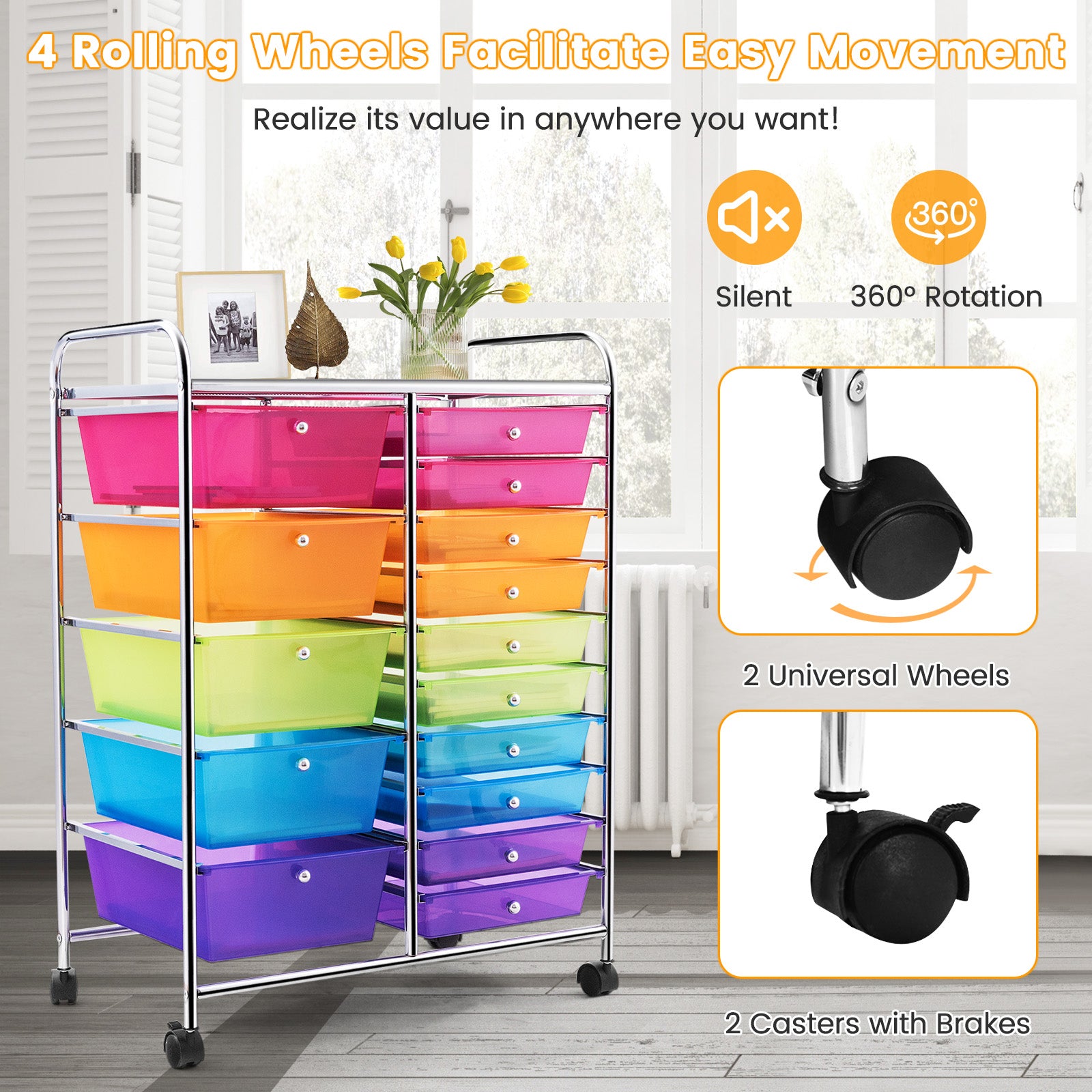 15 Drawers Rolling Storage Cart Organizer-Transparent MulticolorÂ