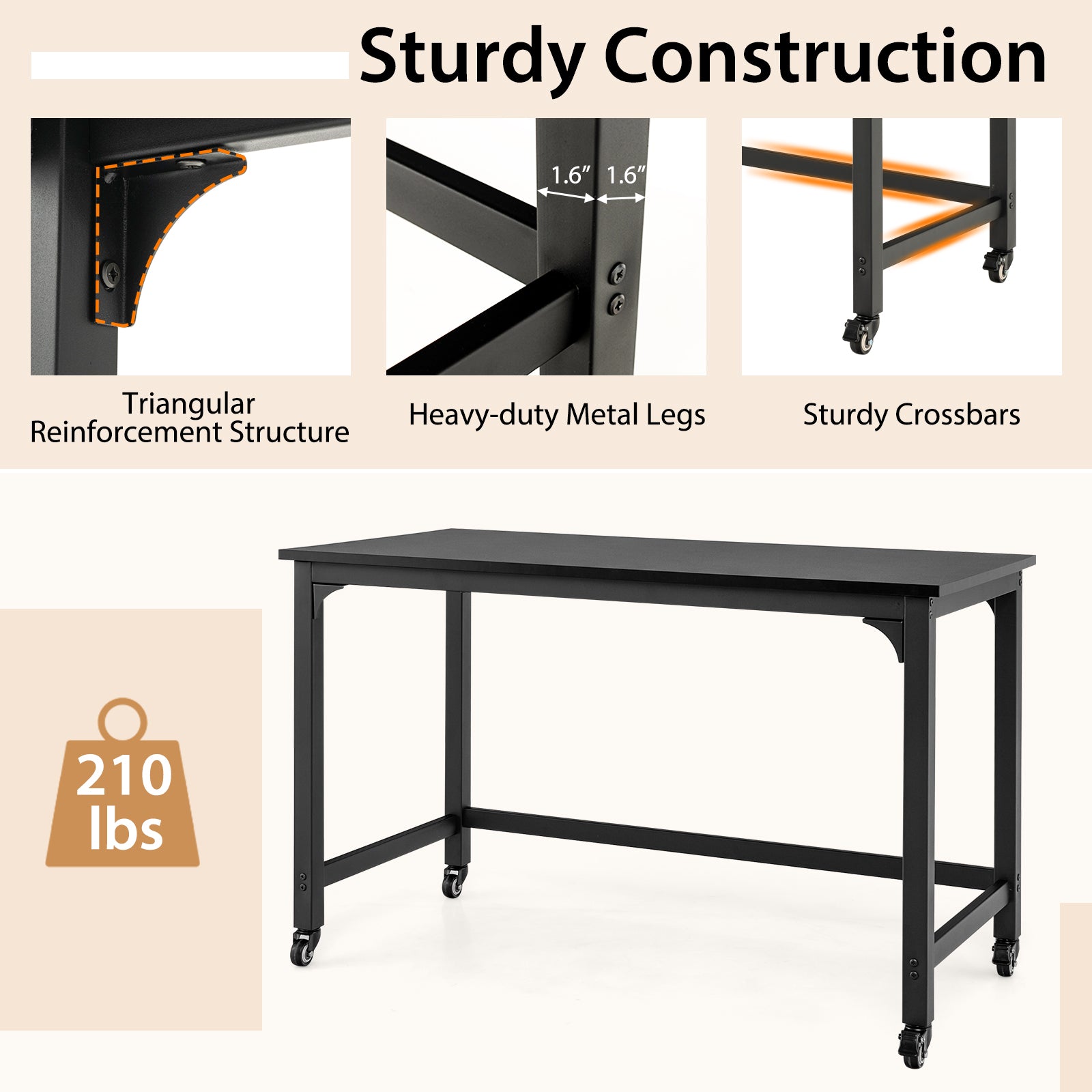 48" Mobile Computer Workstation with 4 Smooth CastersÂ