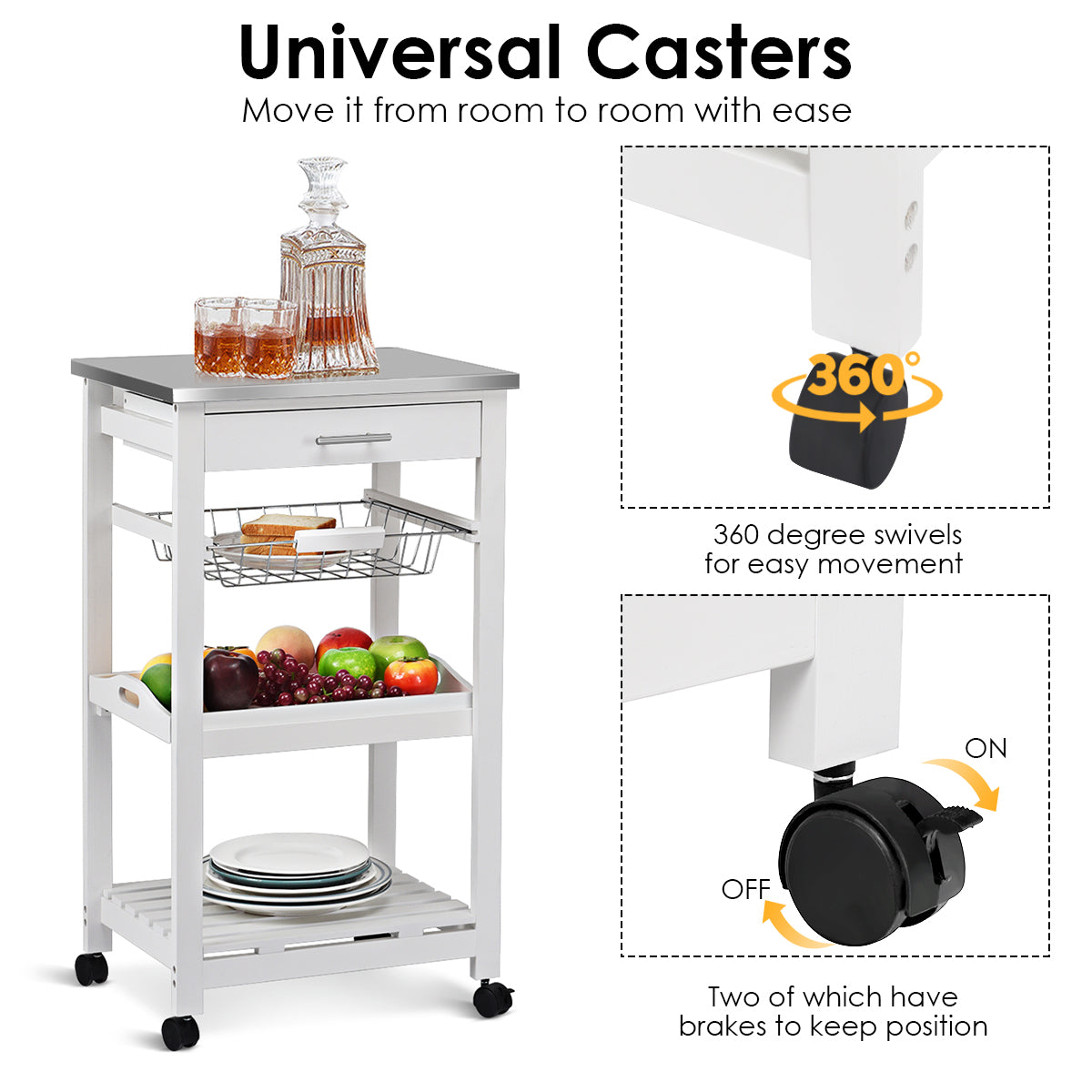 Kitchen Island Cart with Stainless Steel Tabletop and Basket-WhiteÂ