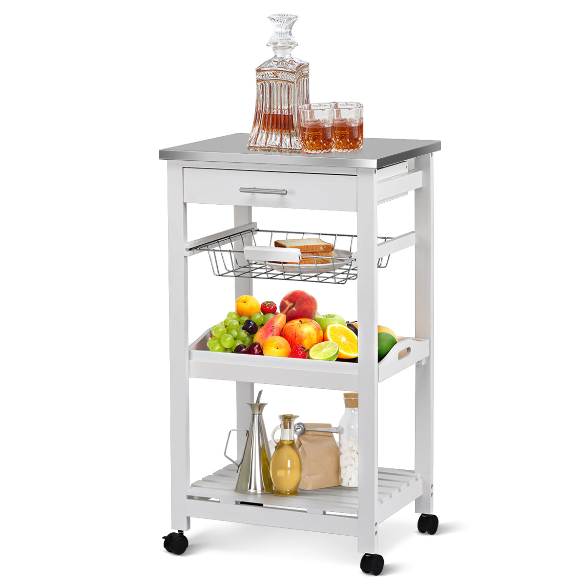 Kitchen Island Cart with Stainless Steel Tabletop and Basket-WhiteÂ