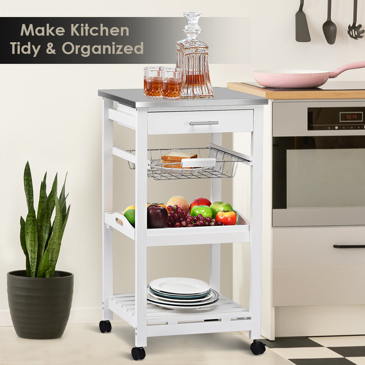 Kitchen Island Cart with Stainless Steel Tabletop and Basket-WhiteÂ