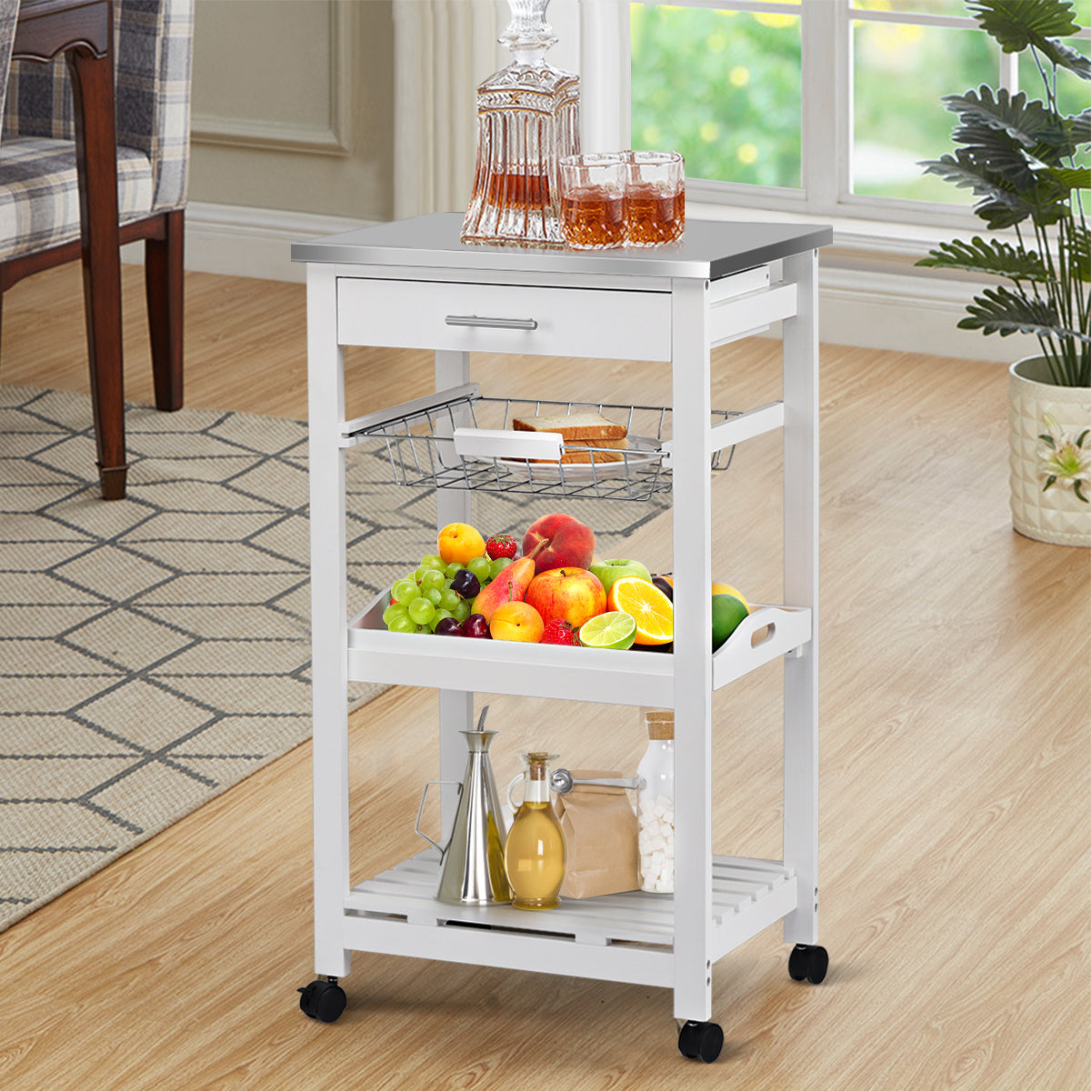 Kitchen Island Cart with Stainless Steel Tabletop and Basket-WhiteÂ