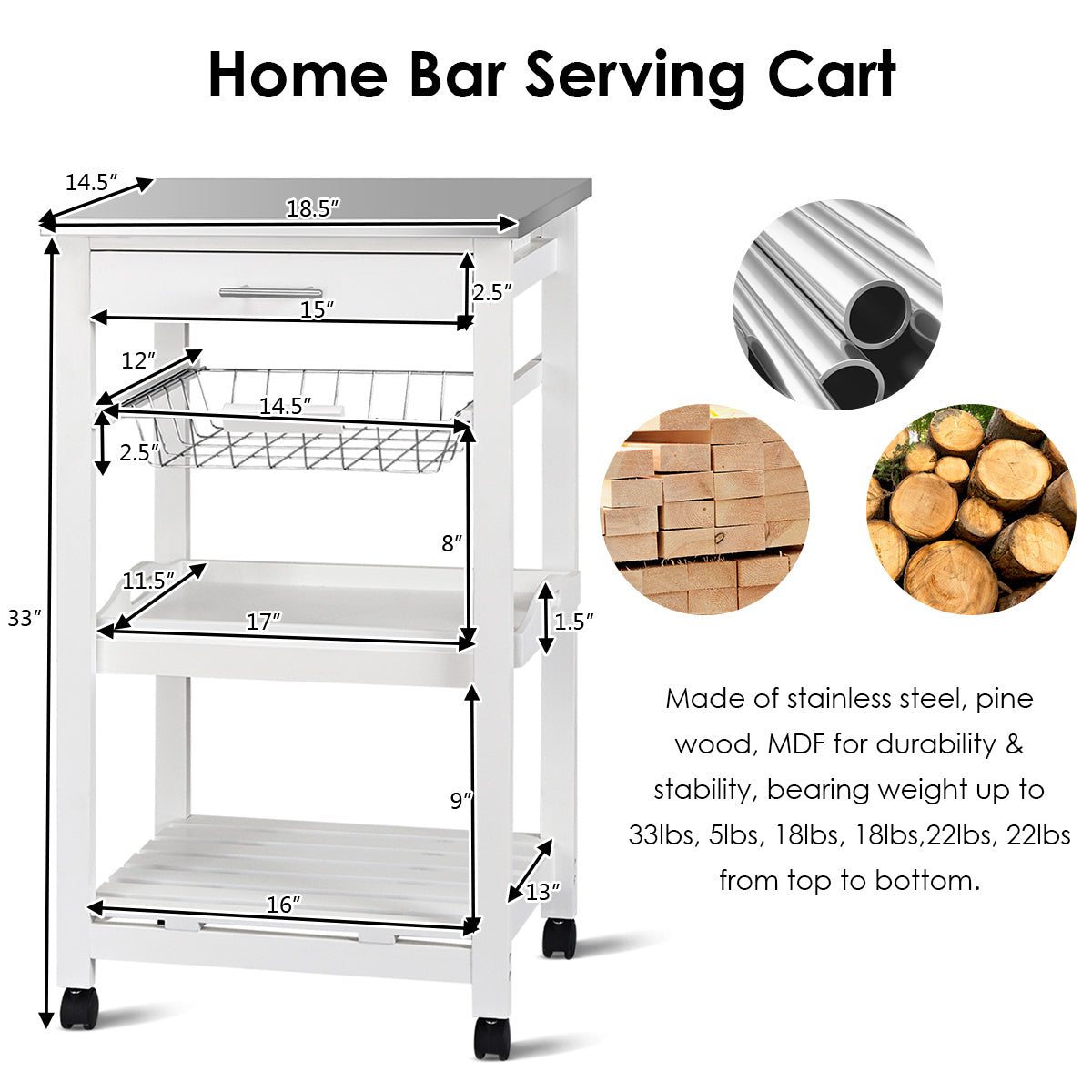 Kitchen Island Cart with Stainless Steel Tabletop and Basket-WhiteÂ