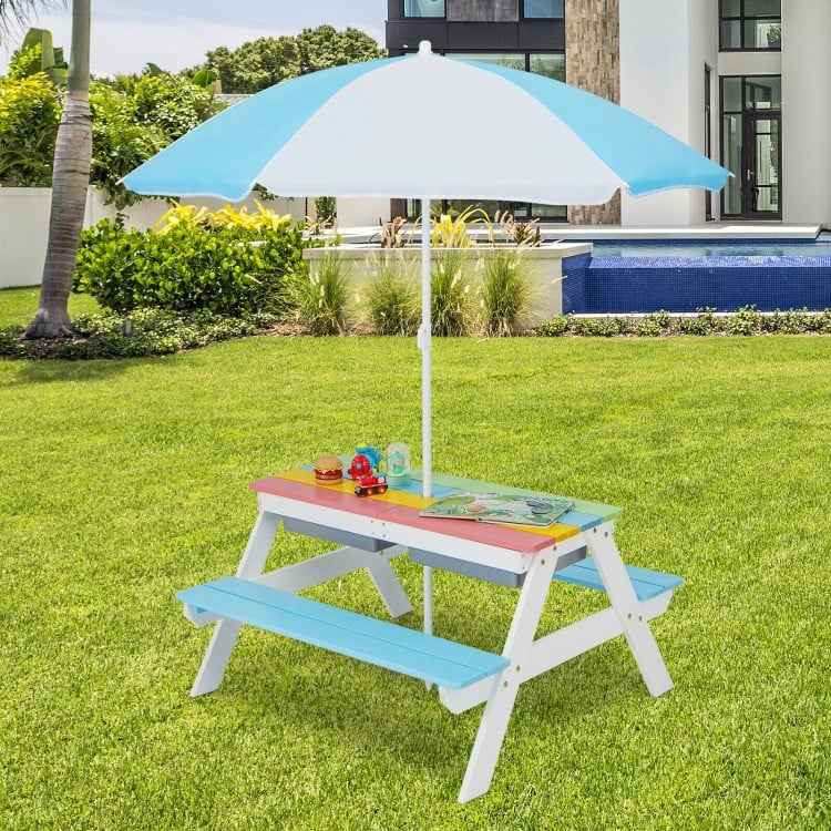 Kids 3-in-1 Outdoor Picnic Water Sand Table with Umbrella Play Boxes