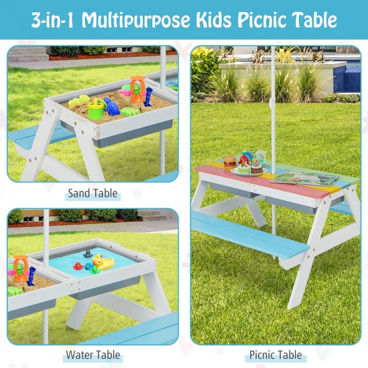 Kids 3-in-1 Outdoor Picnic Water Sand Table with Umbrella Play Boxes