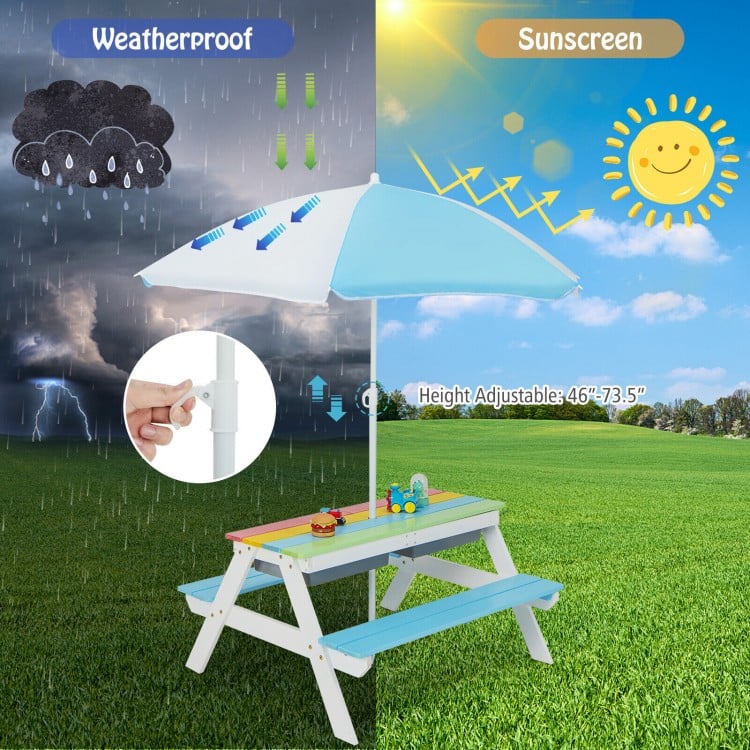 Kids 3-in-1 Outdoor Picnic Water Sand Table with Umbrella Play Boxes