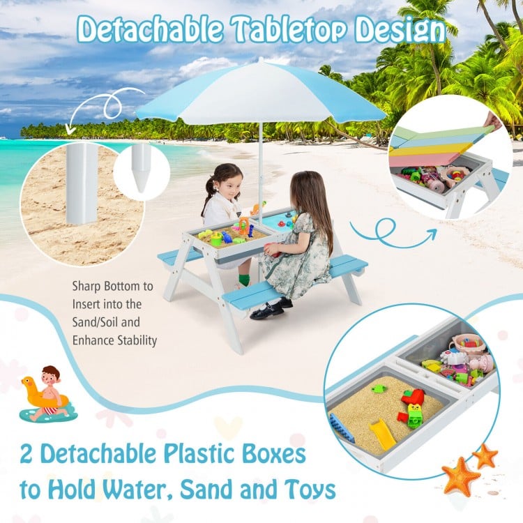 Kids 3-in-1 Outdoor Picnic Water Sand Table with Umbrella Play Boxes