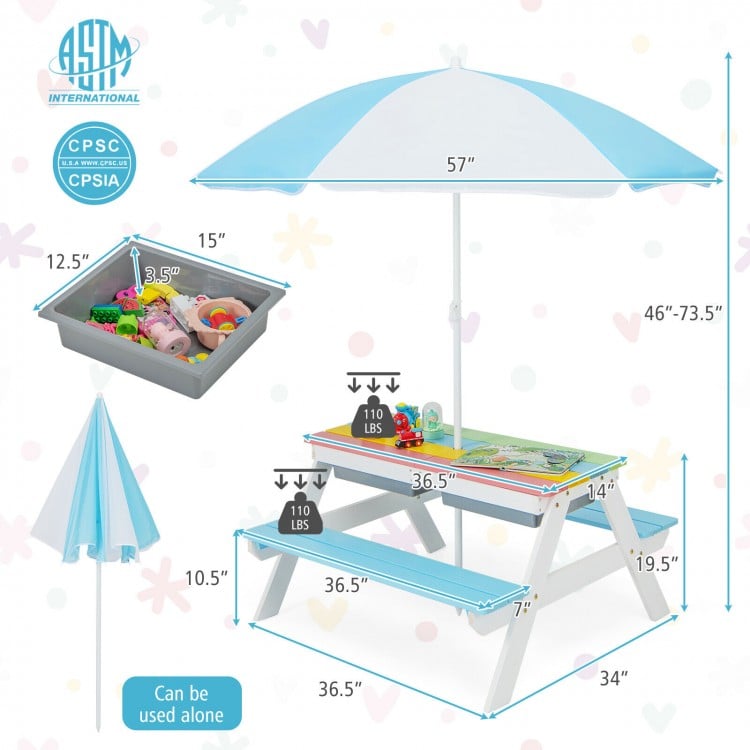 Kids 3-in-1 Outdoor Picnic Water Sand Table with Umbrella Play Boxes