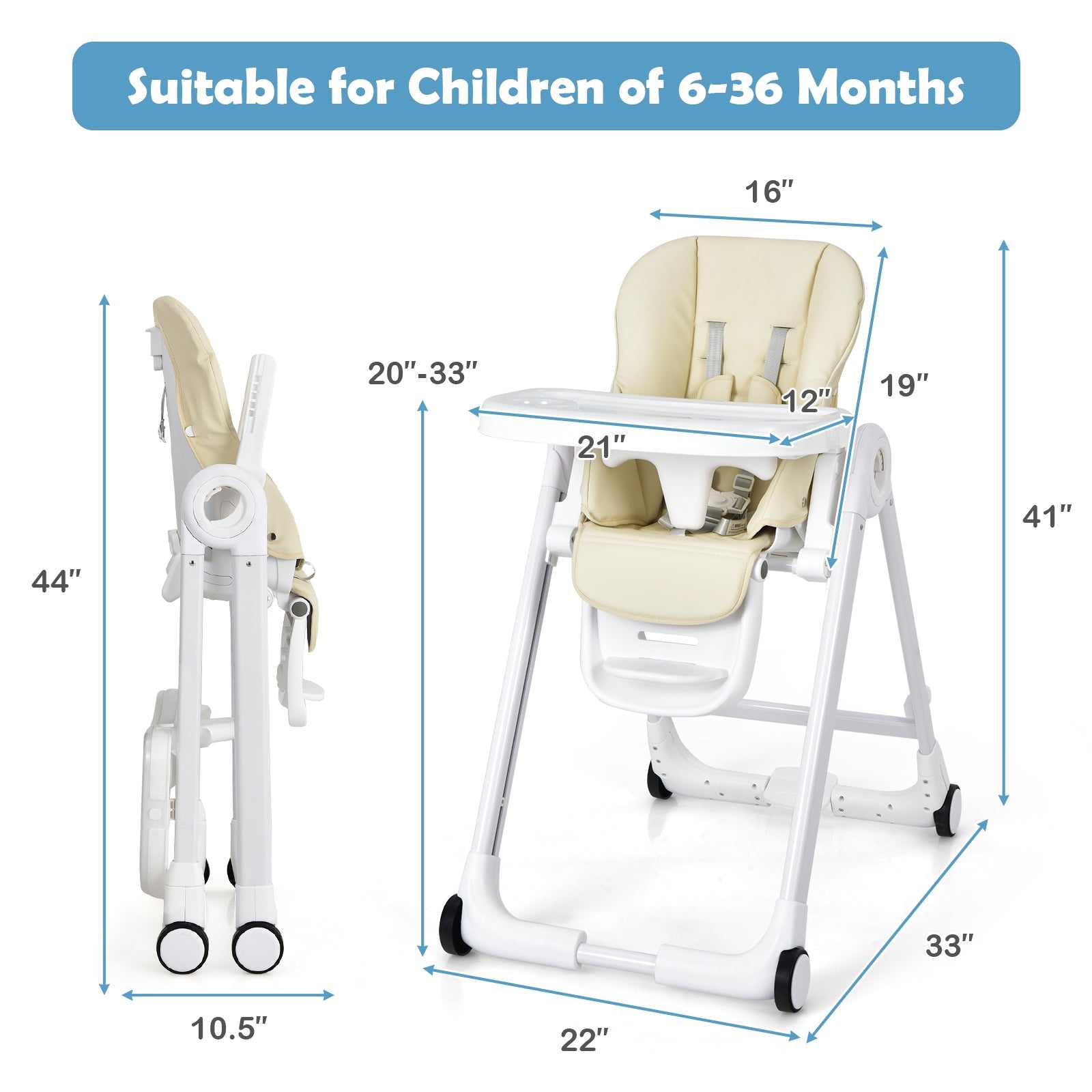 Baby Folding Convertible High Chair with Wheels and Adjustable Height-Beige