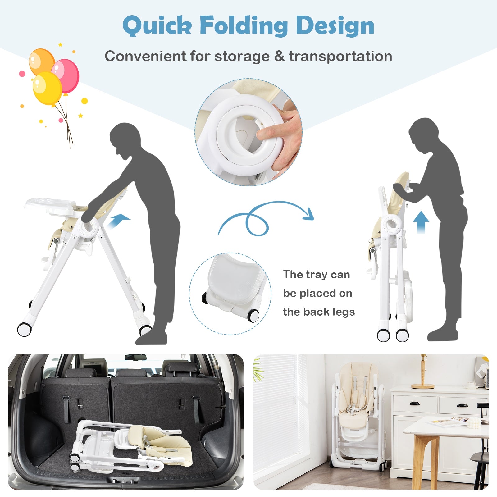 Baby Folding Convertible High Chair with Wheels and Adjustable Height-Beige