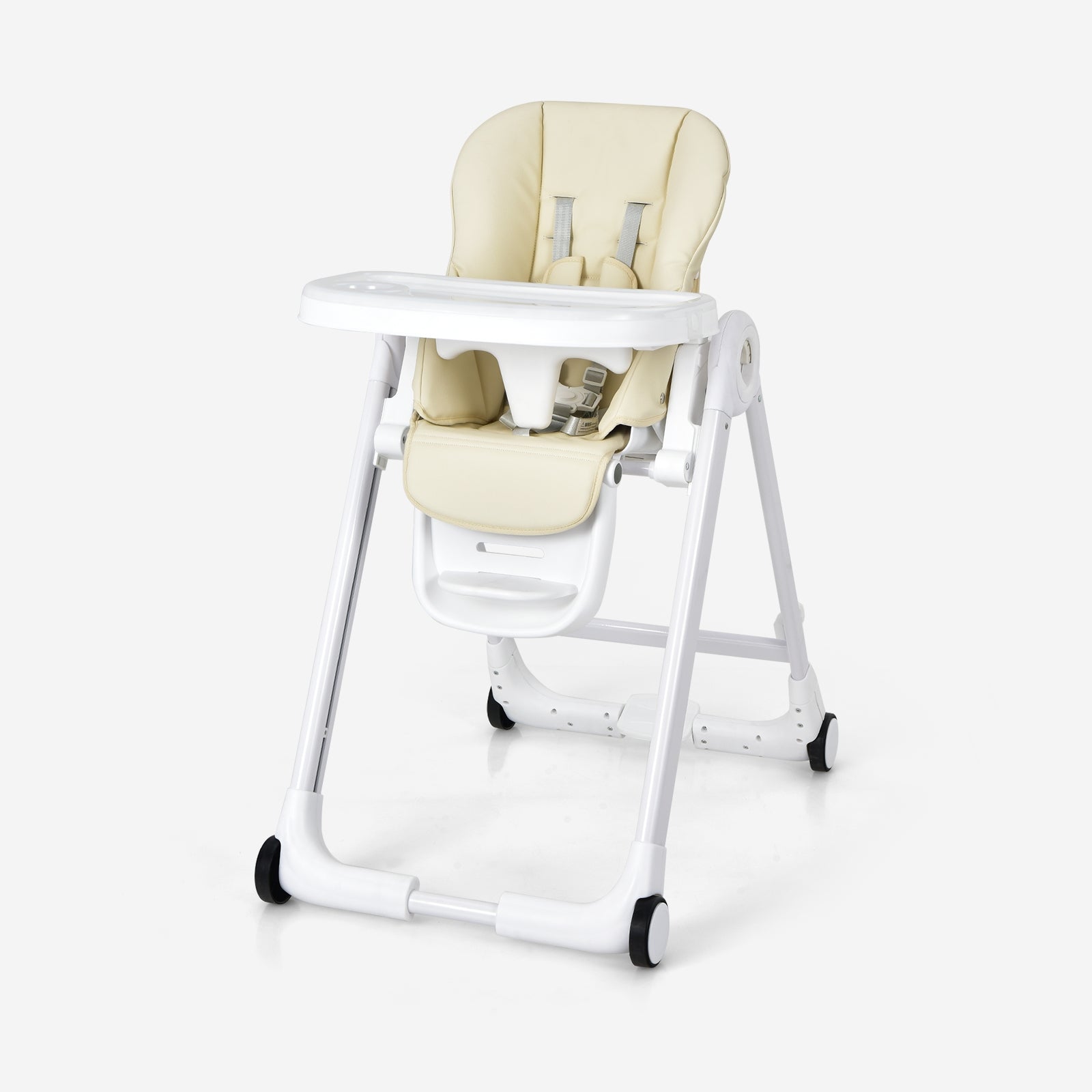 Baby Folding Convertible High Chair with Wheels and Adjustable Height-Beige