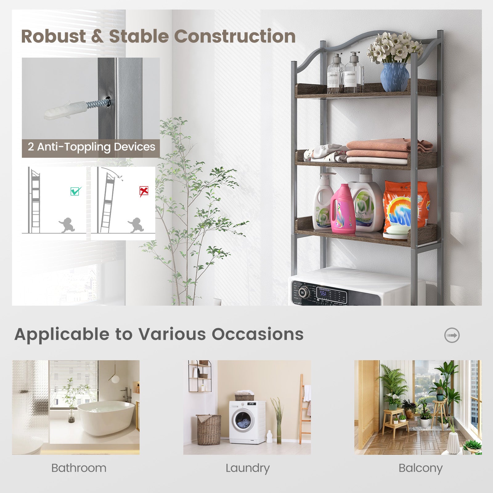 3-Tier Over-The-Toilet Bathroom Spacesaver Storage Rack-SilverÂ