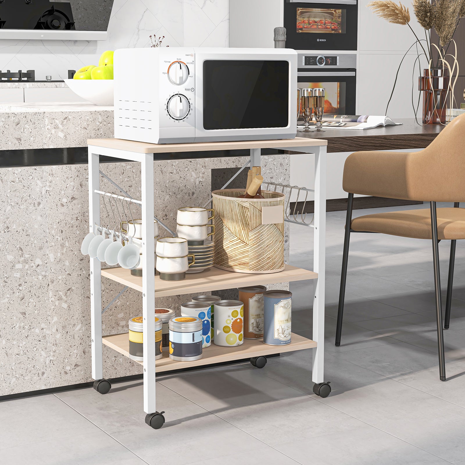 3-Tier Kitchen Baker's Rack Microwave Oven Storage Cart with Hooks-Light BrownÂ