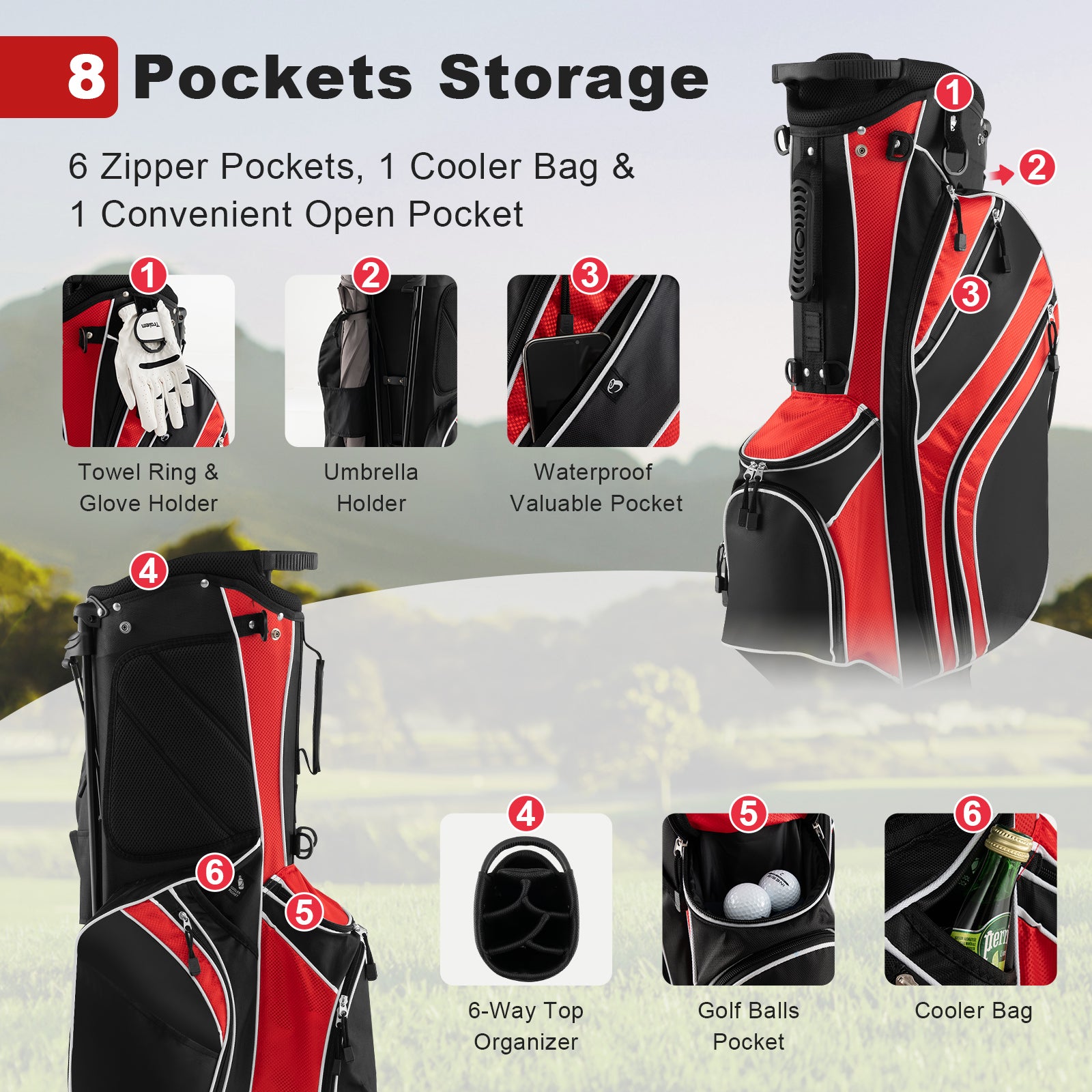 Golf Stand Cart Bag with 6 Way Divider Carry Pockets-RedÂ