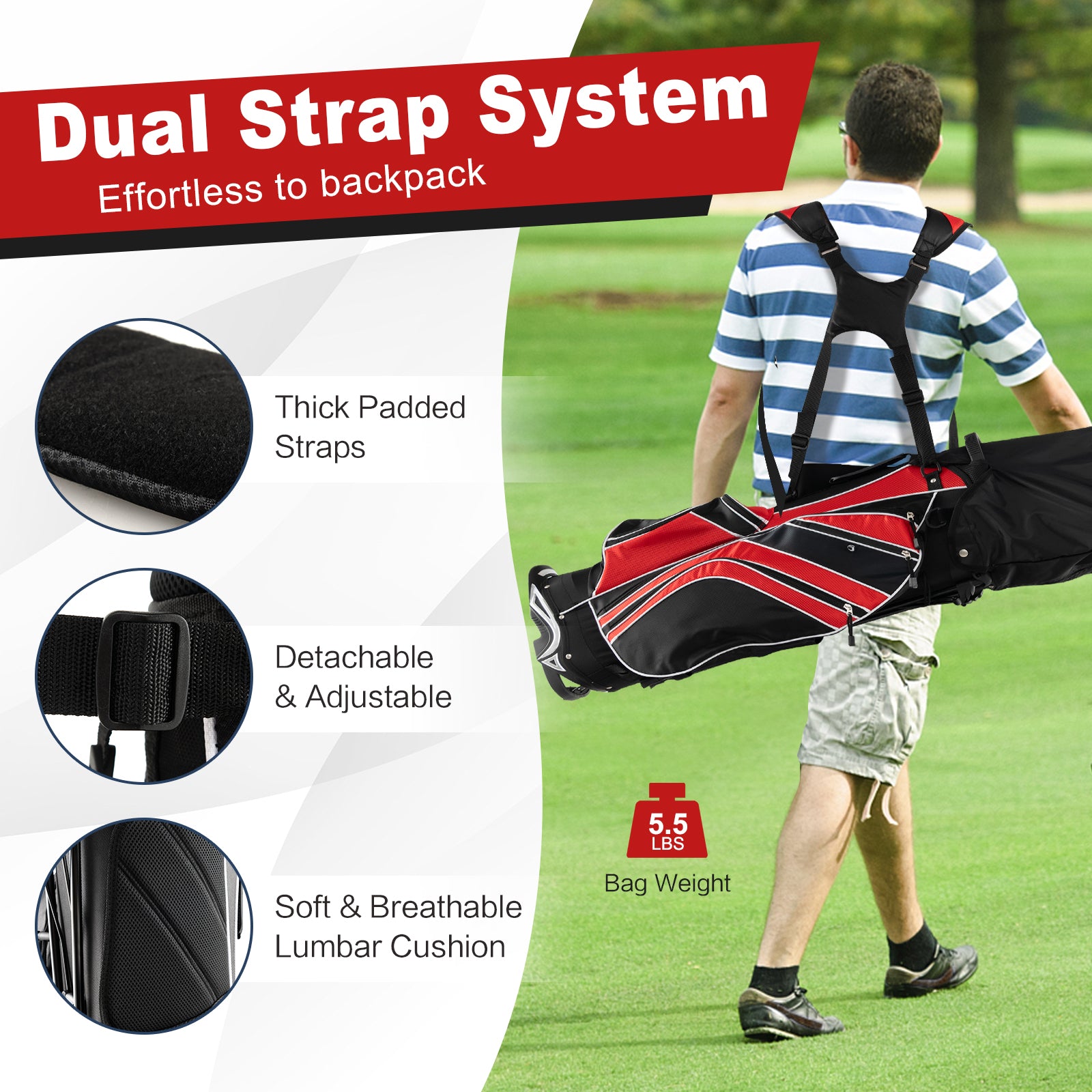 Golf Stand Cart Bag with 6 Way Divider Carry Pockets-RedÂ