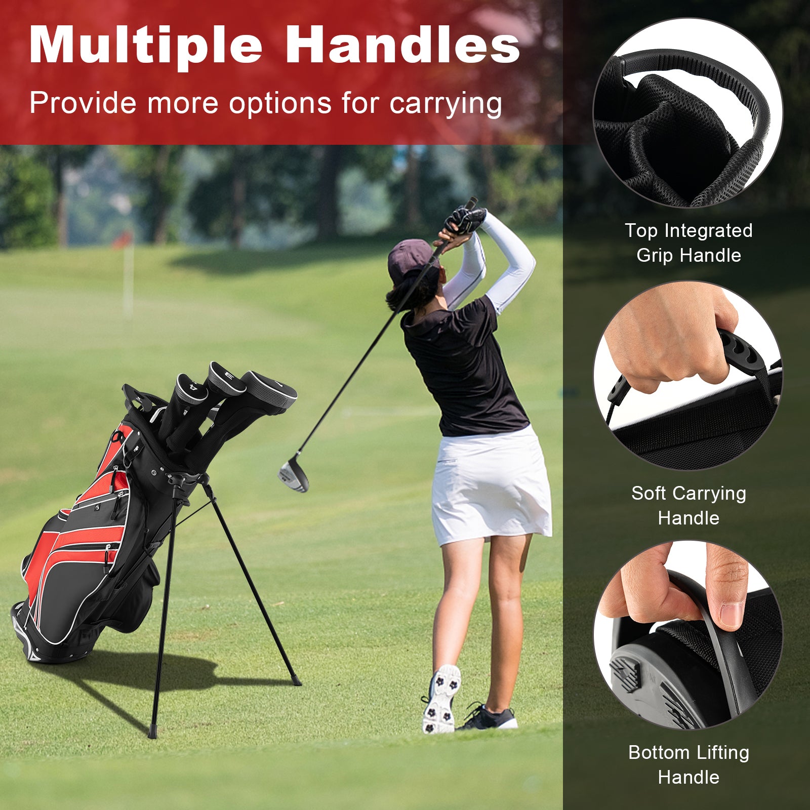 Golf Stand Cart Bag with 6 Way Divider Carry Pockets-RedÂ