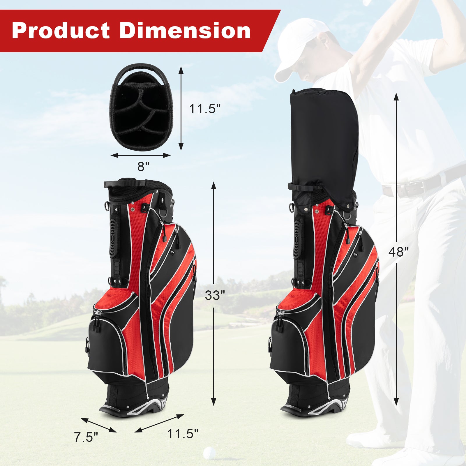 Golf Stand Cart Bag with 6 Way Divider Carry Pockets-RedÂ