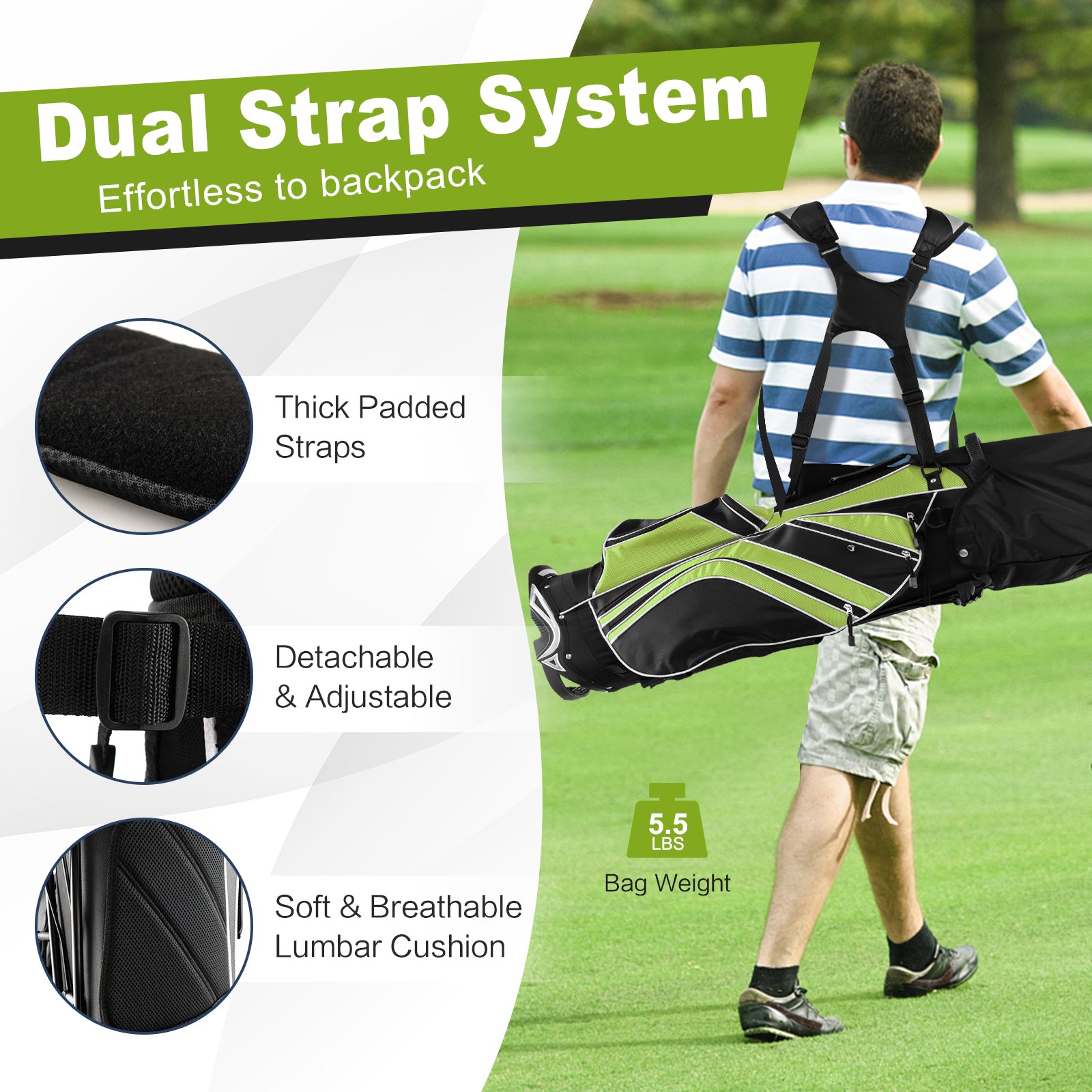Golf Stand Cart Bag with 6 Way Divider Carry Pockets-GreenÂ