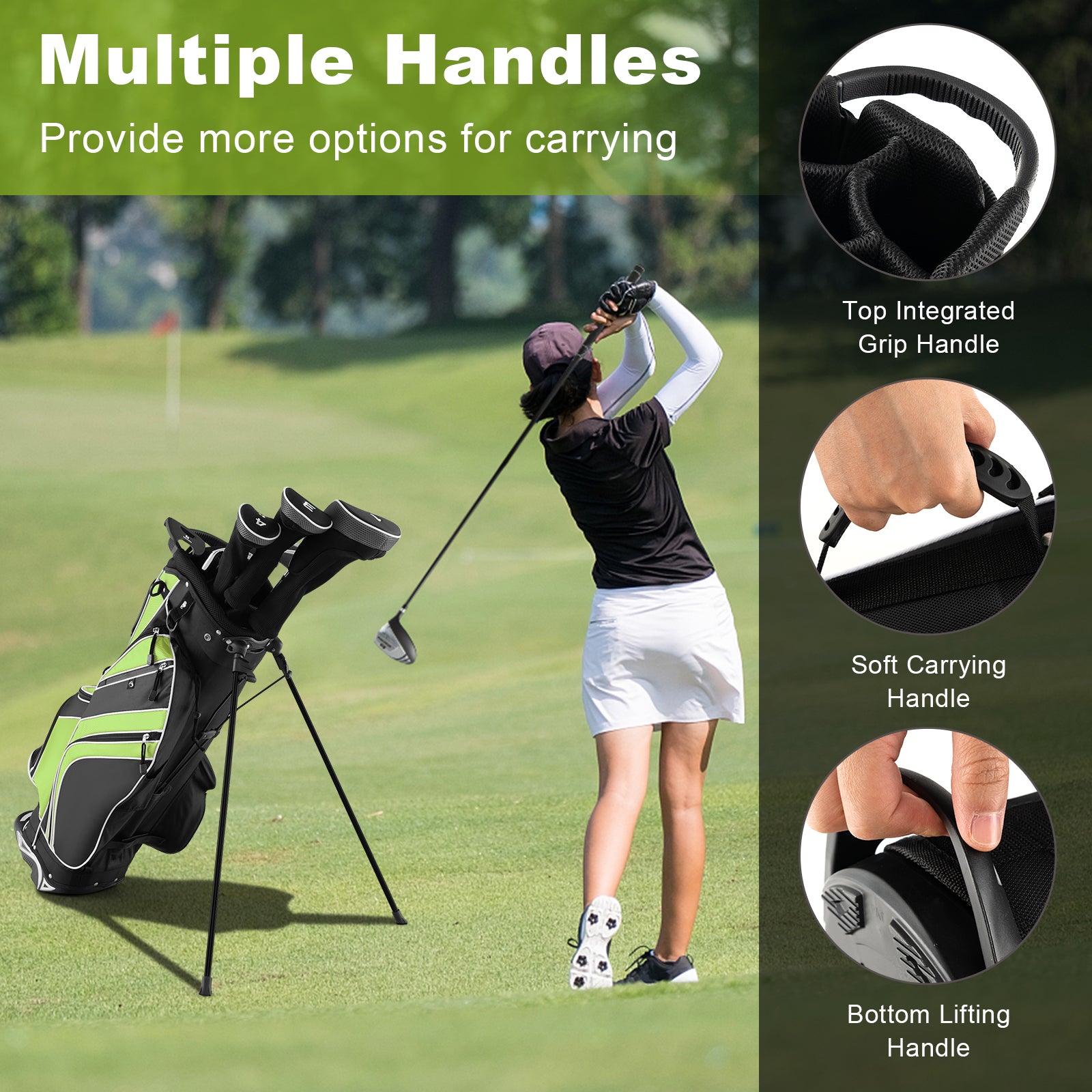 Golf Stand Cart Bag with 6 Way Divider Carry Pockets-GreenÂ