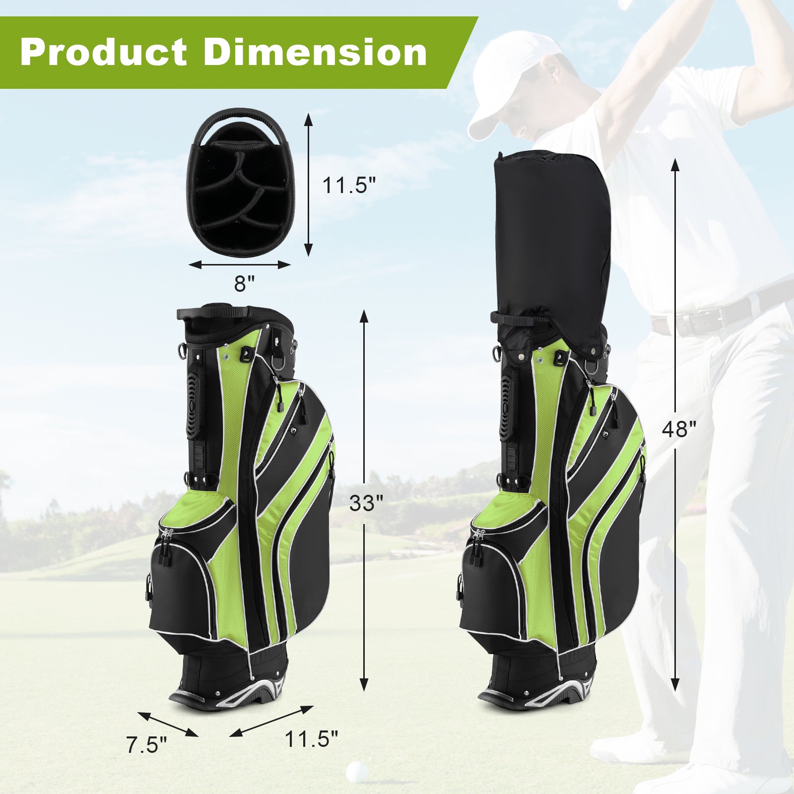 Golf Stand Cart Bag with 6 Way Divider Carry Pockets-GreenÂ